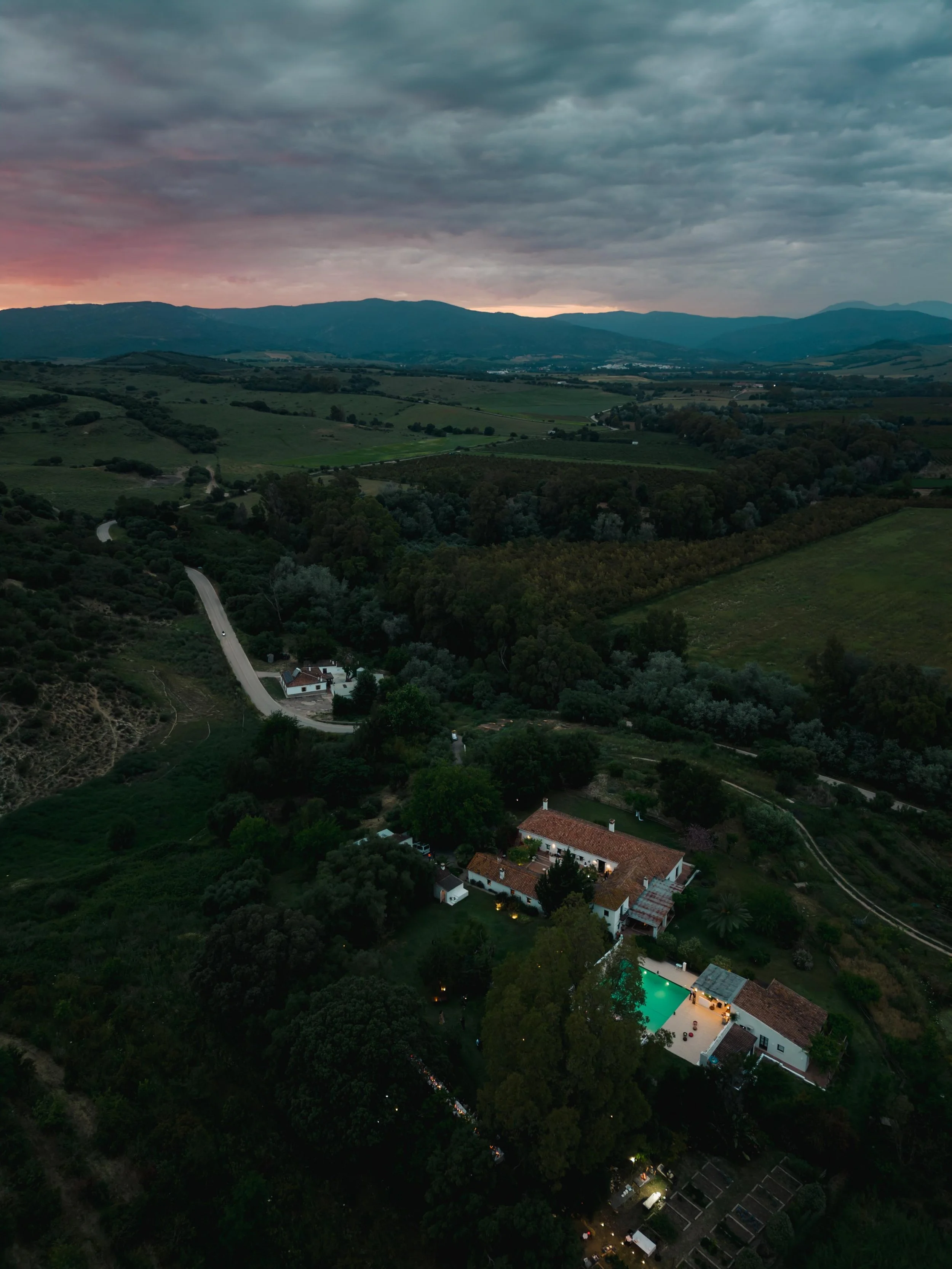 Sunset drone photography during a destination wedding in Spain