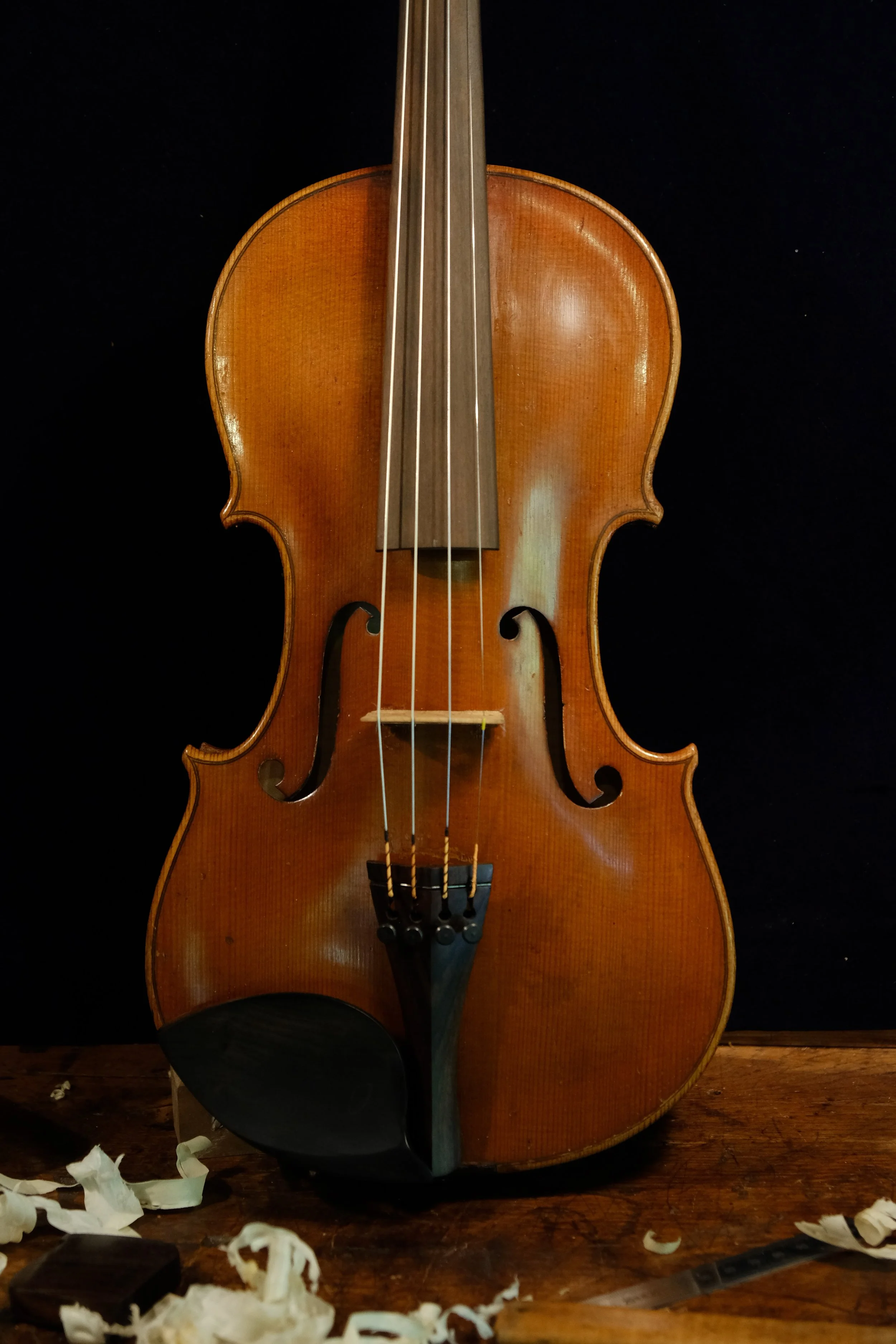 A wooden violin standing upright on a wooden surface with scraps of paper around it and a black background.