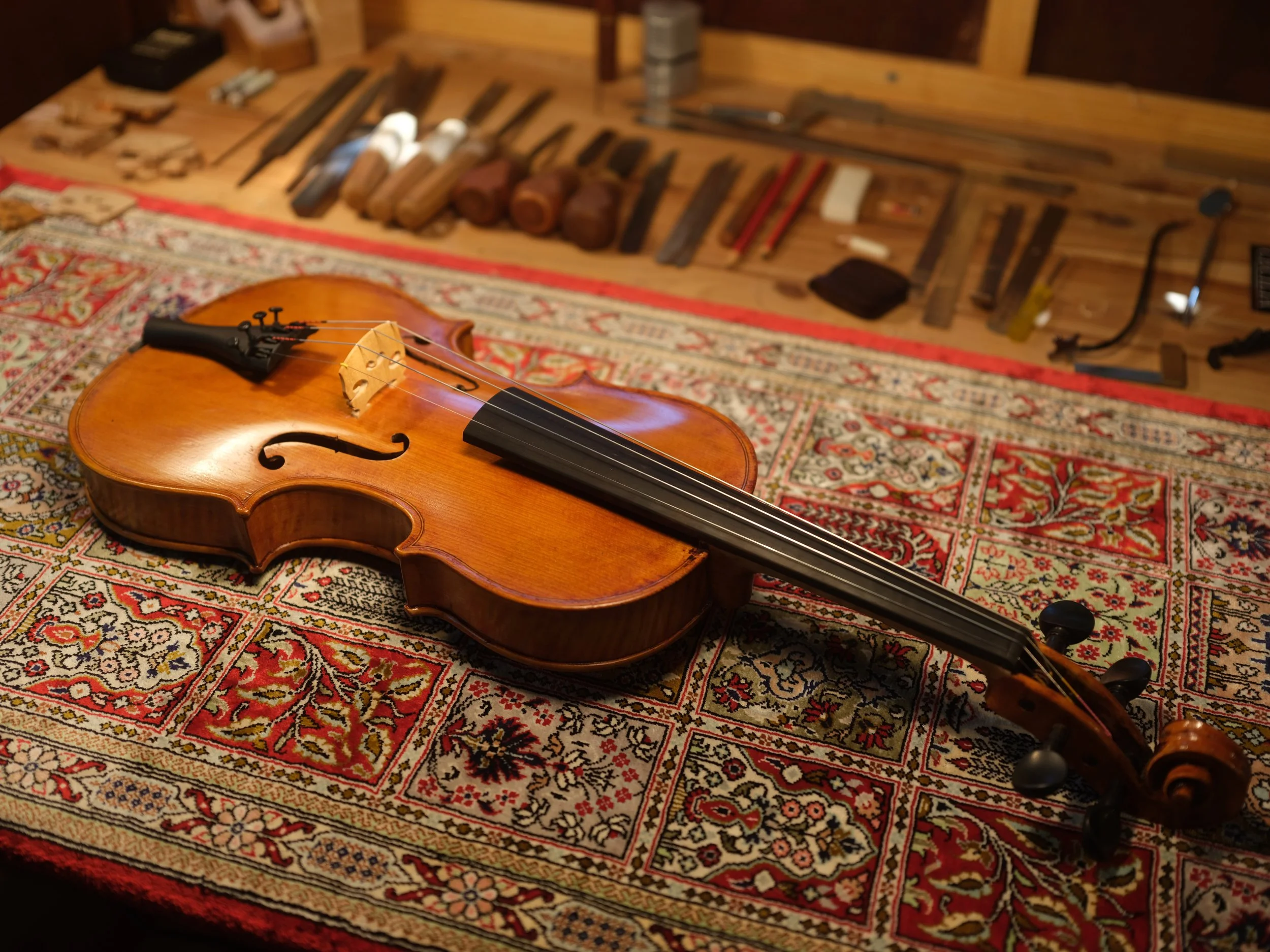 Beautiful hand made violin, lying on a Persian rug in our Sunshine Coast workshop. Master violinmaker.