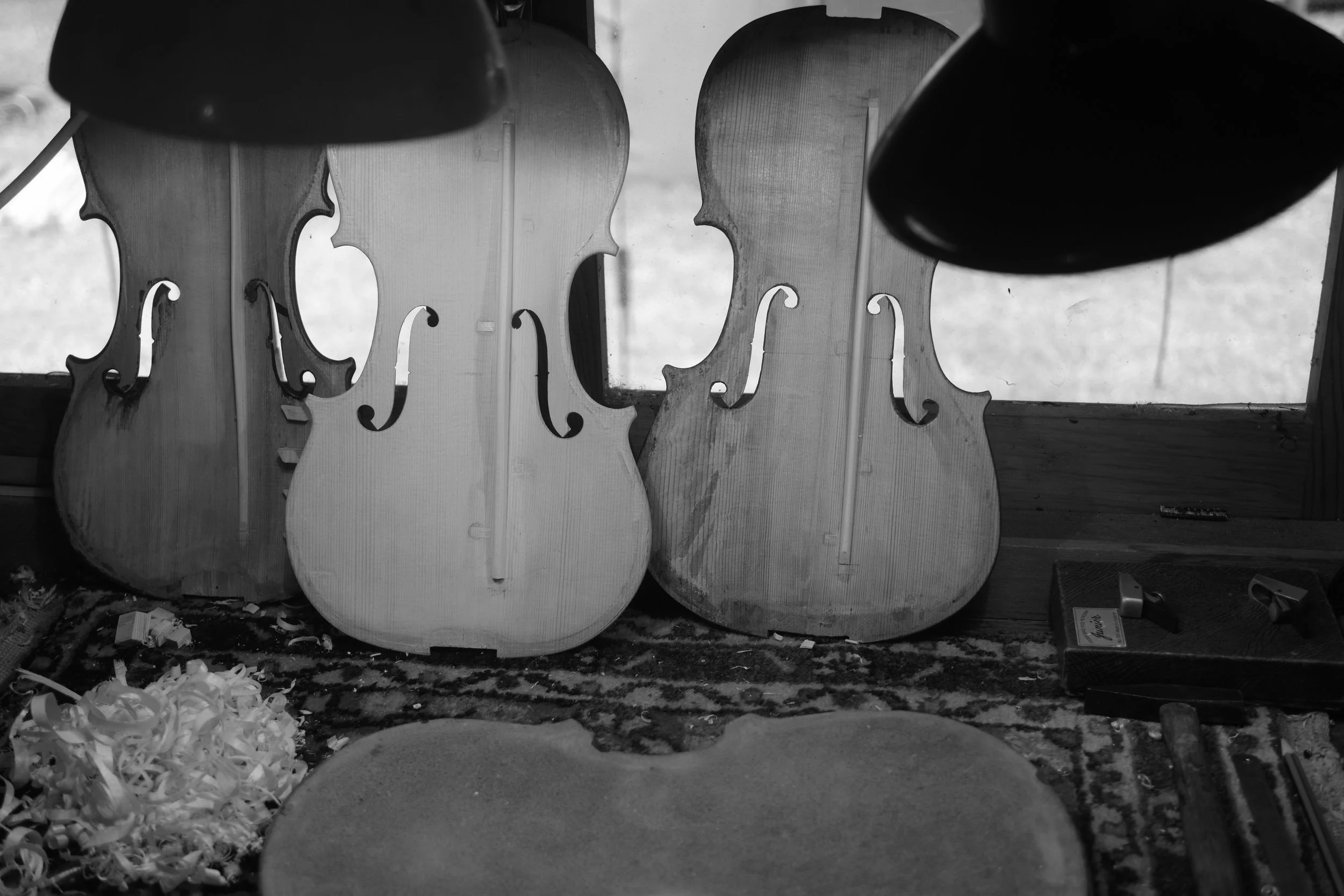 Three unfinished violins on a workbench in a woodworking shop, with carving tools and shavings around.