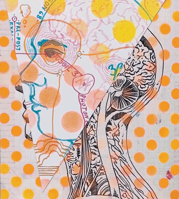 A colorful collage featuring a merging of a star map and a black-and-white drawing of a mushroom, with orange polka-dot pattern in the background.