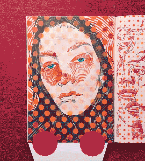 A colorful drawing of a woman's face with blue eyes, dark hair, and red lips, surrounded by orange polka dots, with a similar illustration on the open page next to it.