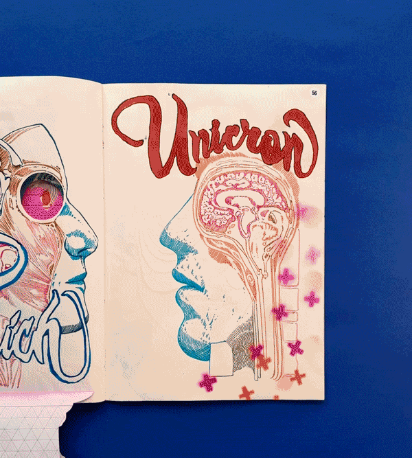 An open book shows a medical illustration of a human head and brain, with the word "Unicorn" written in red at the top of the right page.