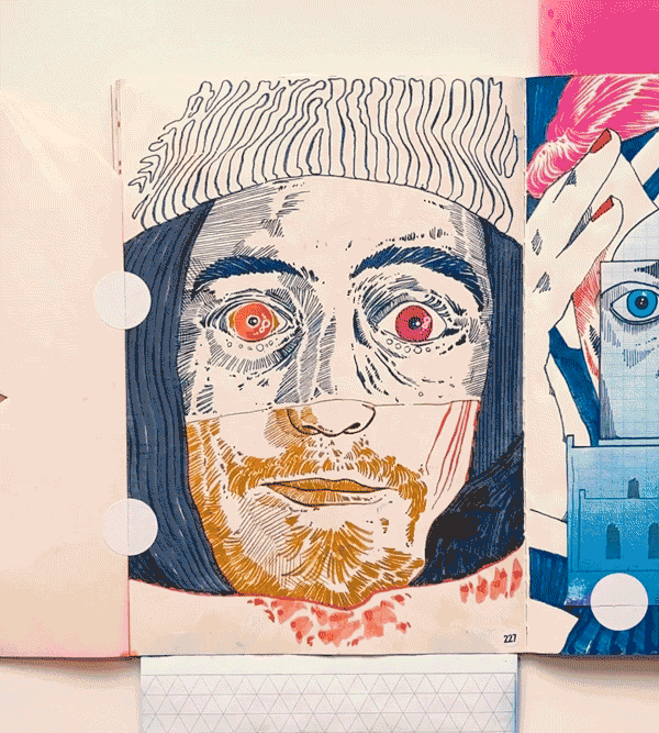 A comic-style illustration of a man's face with exaggerated features, colored in a mix of black, orange, and red, with distorted eyes, wearing a striped beanie.