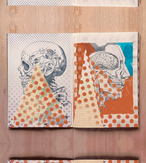 Open sketchbook with two illustrations of human skulls, one on each page, with patterned paper overlays in orange and teal.