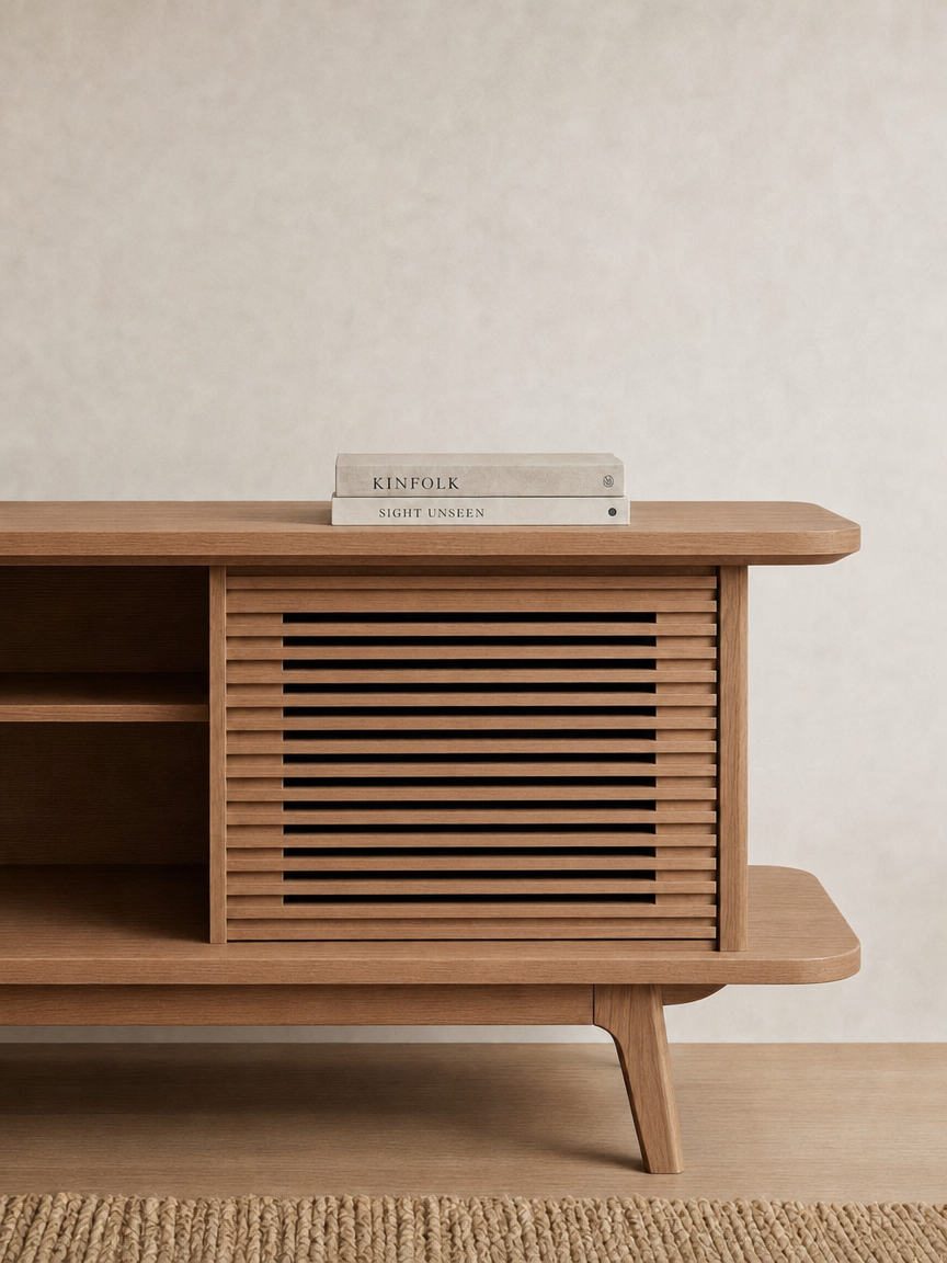 A wooden sideboard with a decorative slatted front, standing on angled legs, with two books on top labeled "Kinfolk" and "Sight Unseen." A textured rug is partially visible at the bottom.