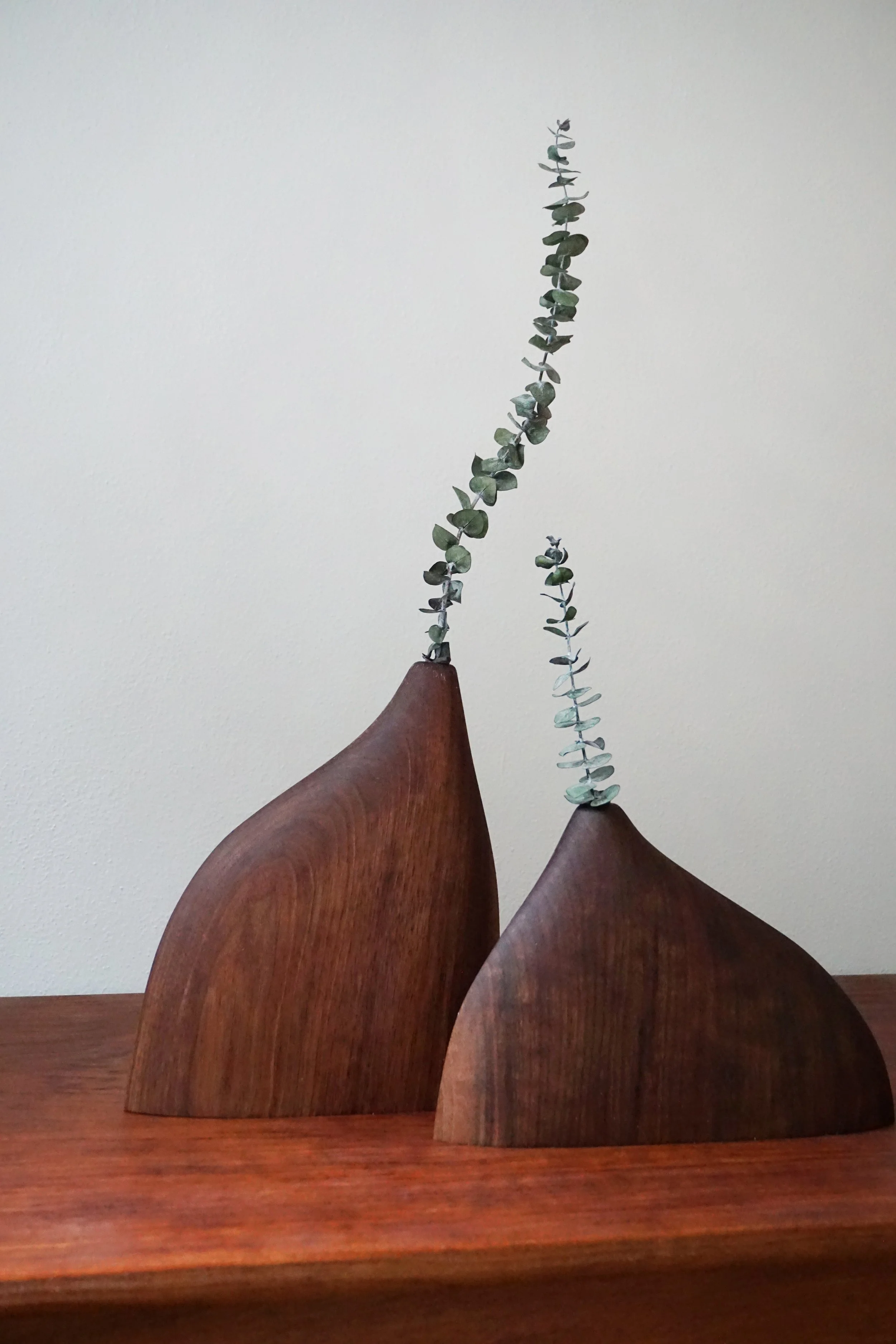 Three wooden decorative items with a tall, narrow eucalyptus branch and a smaller branch in the background on a wooden surface against a plain wall.