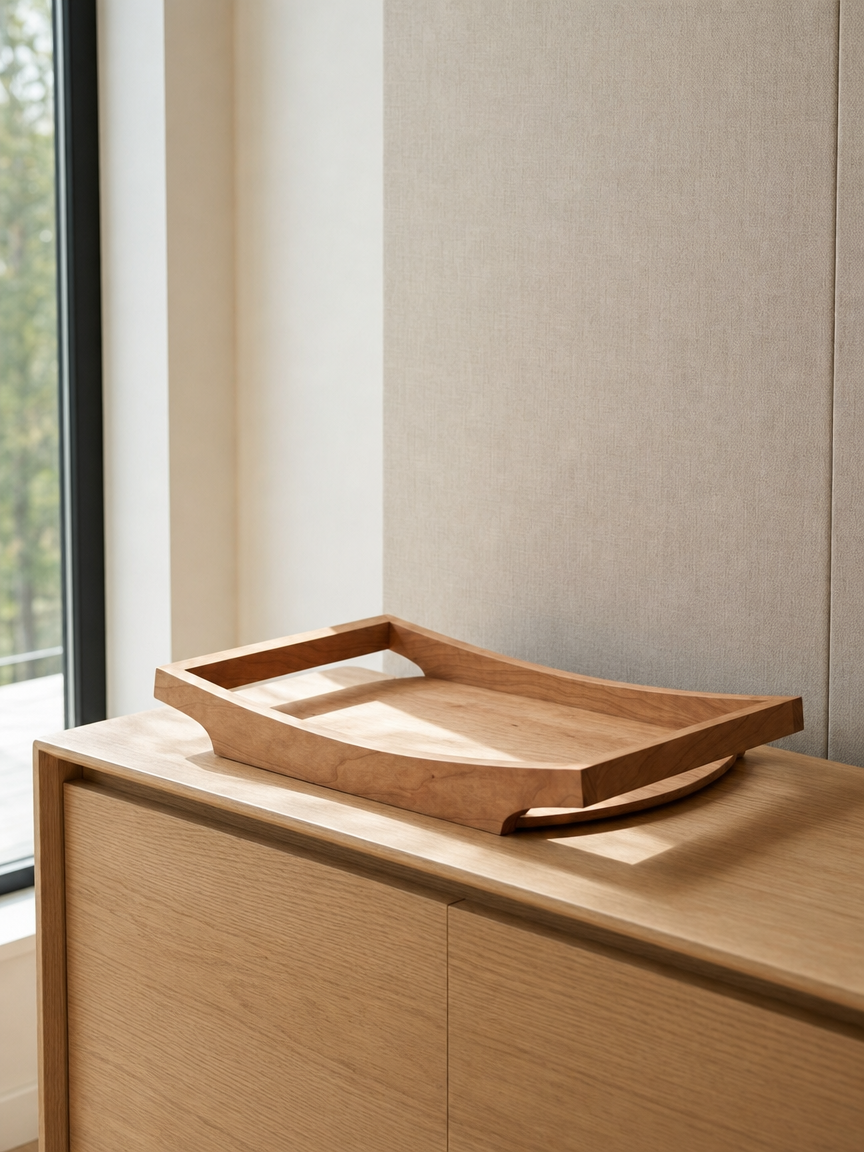 Empty wooden serving tray on a light wooden cabinet near a window.