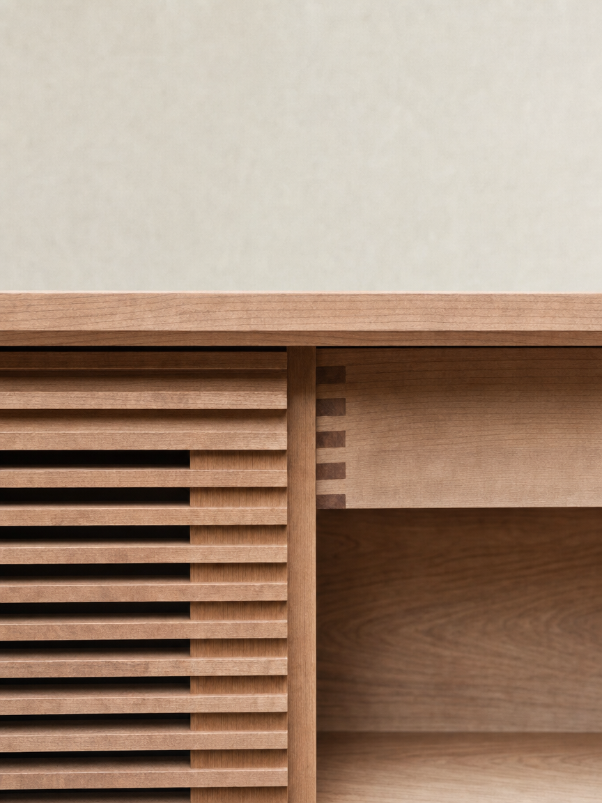 Close-up of a wooden furniture piece with horizontal slats and an open compartment.