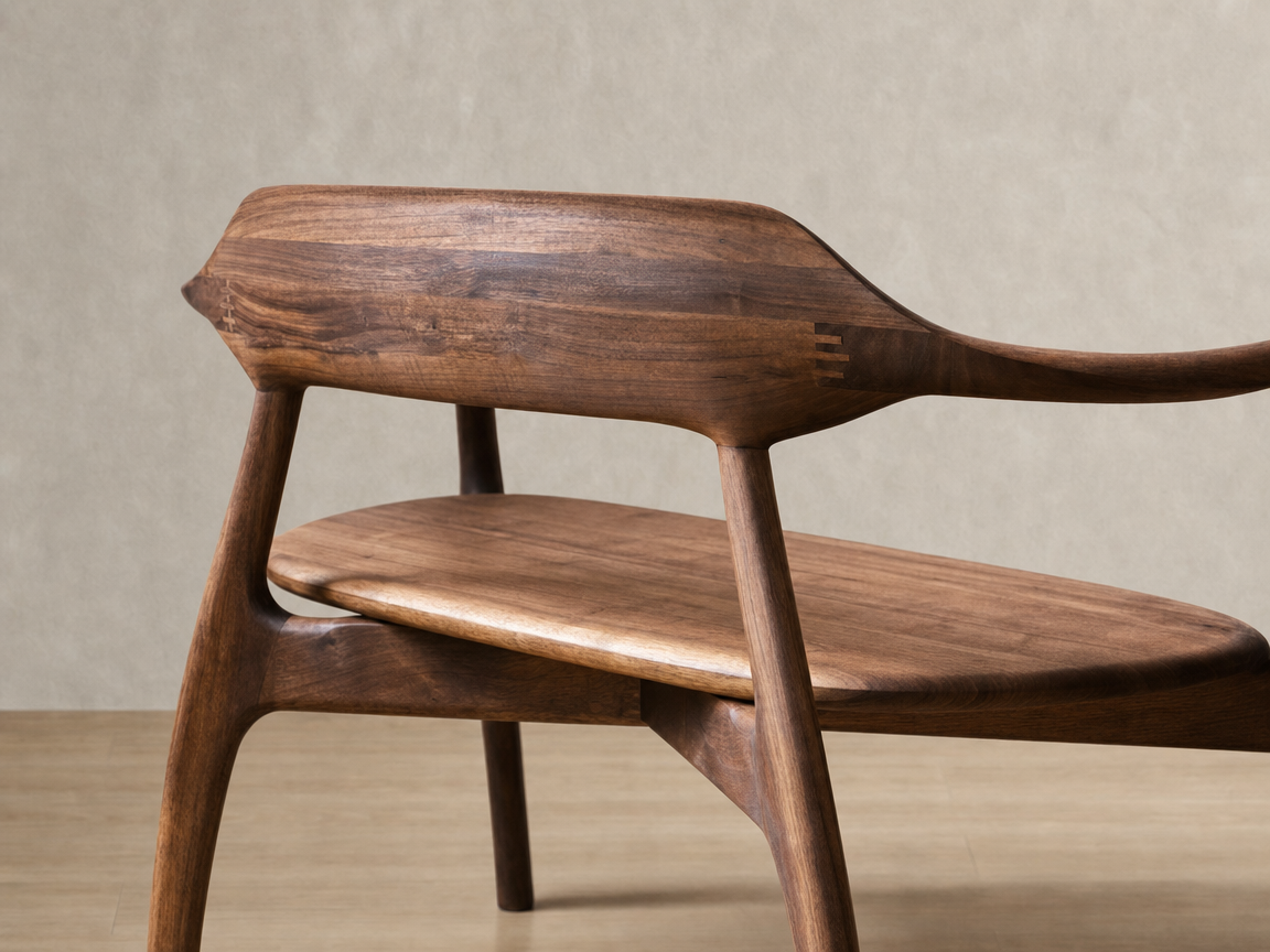 A wooden chair with a curved backrest and four legs, placed on a wooden floor against a plain wall.