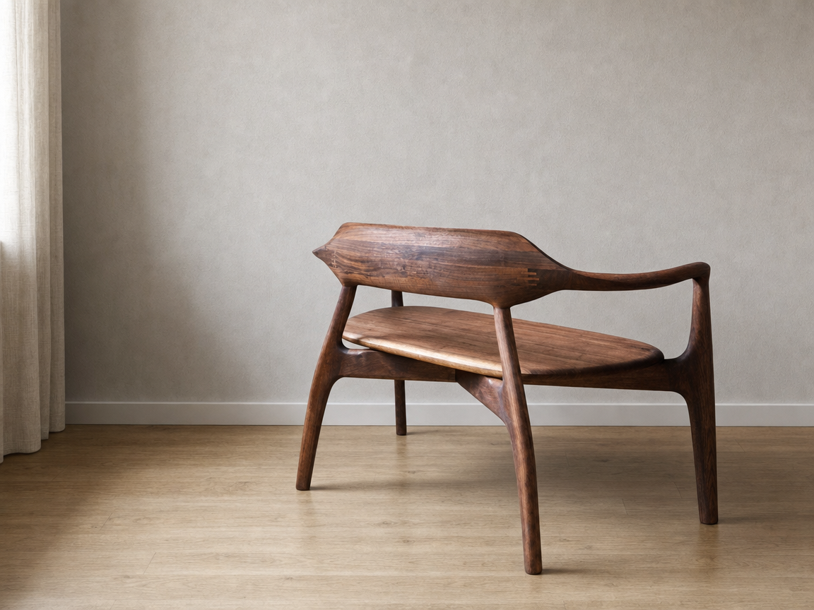 A wooden armchair with a curved backrest in a room with beige walls and hardwood floor.