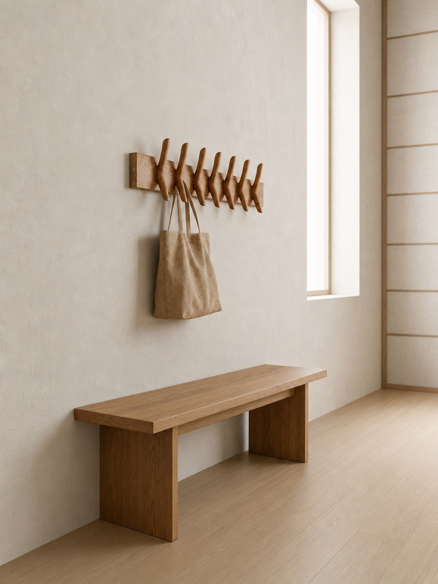 A minimalist hallway with a wooden bench, a wooden coat rack with hooks, and a beige tote bag hanging from one hook, with a narrow window allowing natural light in.