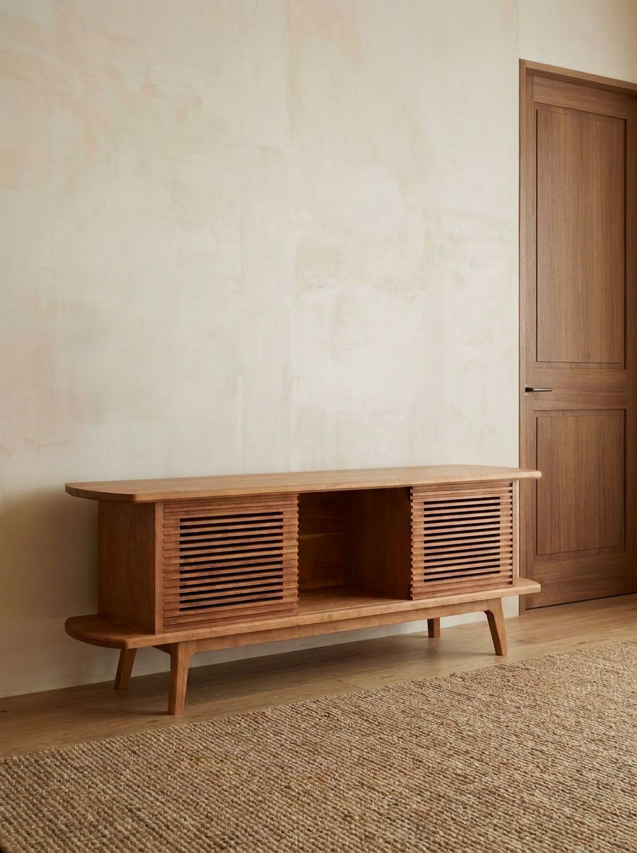 Wooden media console with louvered doors against a beige wall, next to a wooden door, on a woven rug.