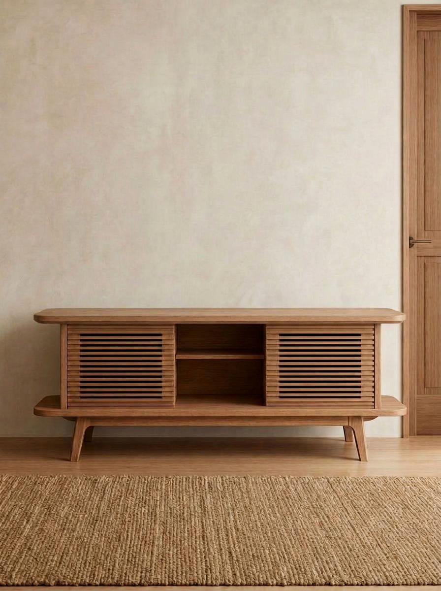 A mid-century modern wooden media console with slatted sliding doors and open shelf, set against a plain light-colored wall with a beige textured rug in front of it.