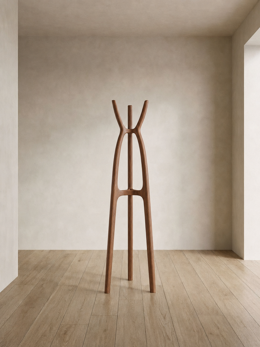 Empty coat stand made of wood standing in a minimalist room with light-colored floors and walls.