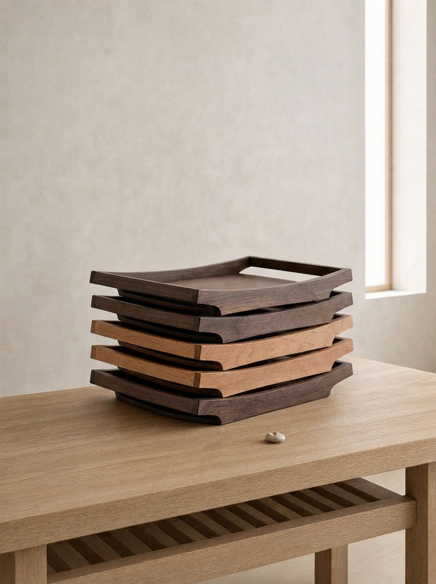 Stack of six wooden trays on a light wooden table in a room with a beige wall and a small window.