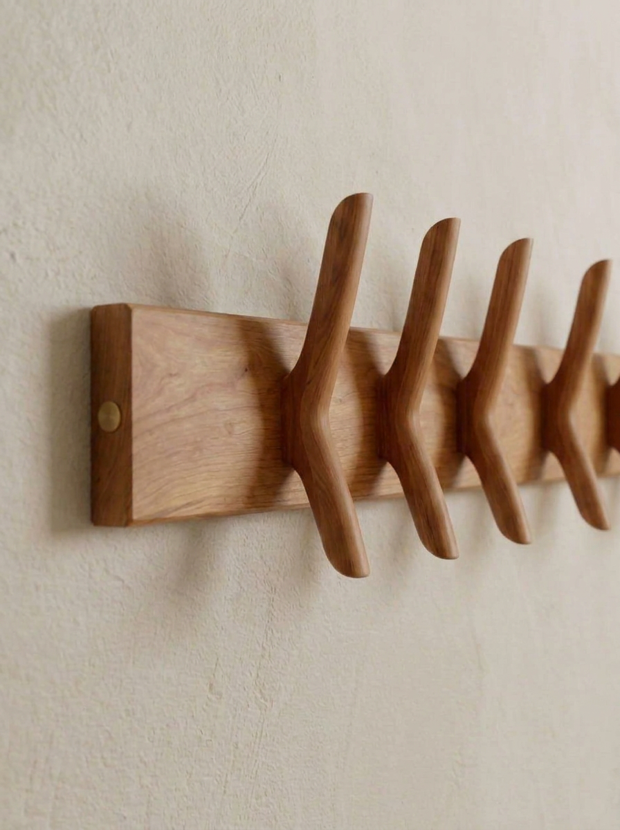 A wooden wall hook rack with five curved hooks mounted on a beige wall.