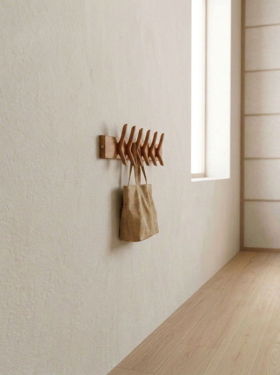 A wooden wall hook with six hooks, holding a small beige bag, is mounted on a cream-colored wall in a minimalistic room with a wooden floor and a window.