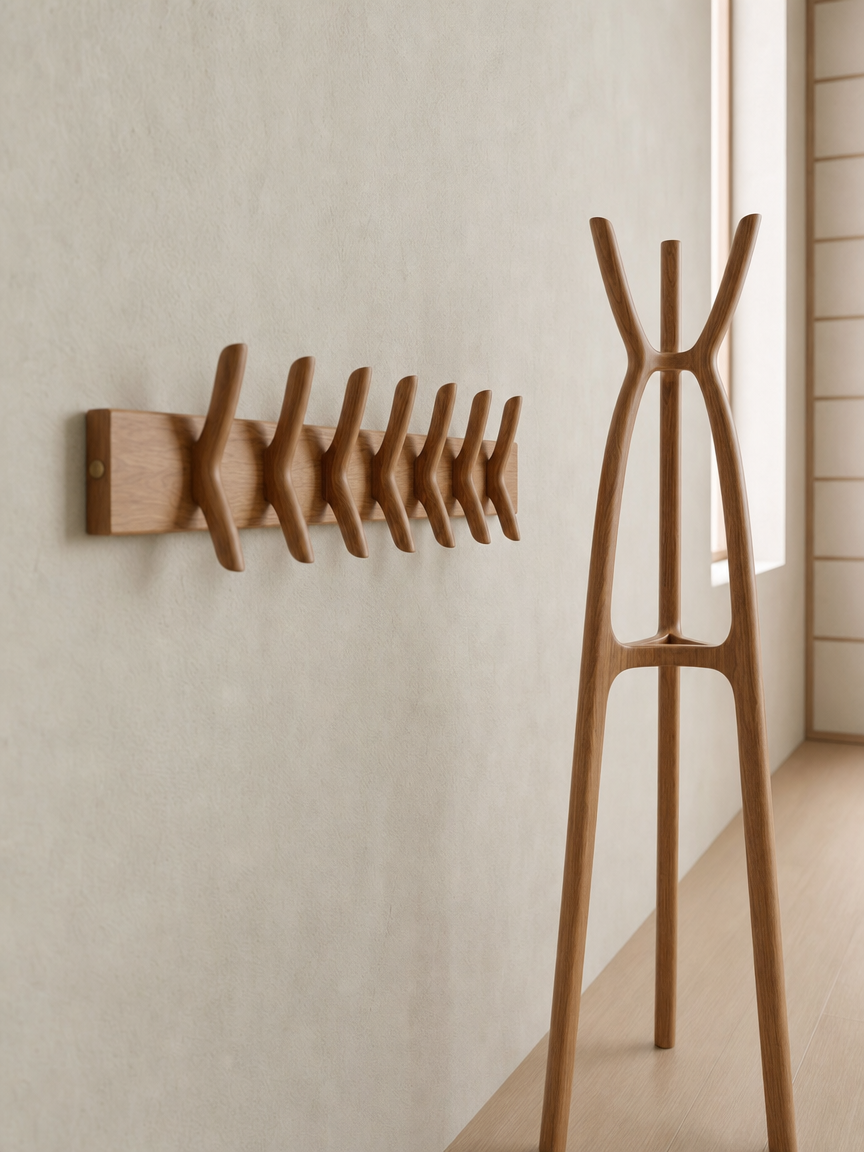 Wooden coat rack with a modern, minimalist design standing and matching wall hooks mounted on the wall.