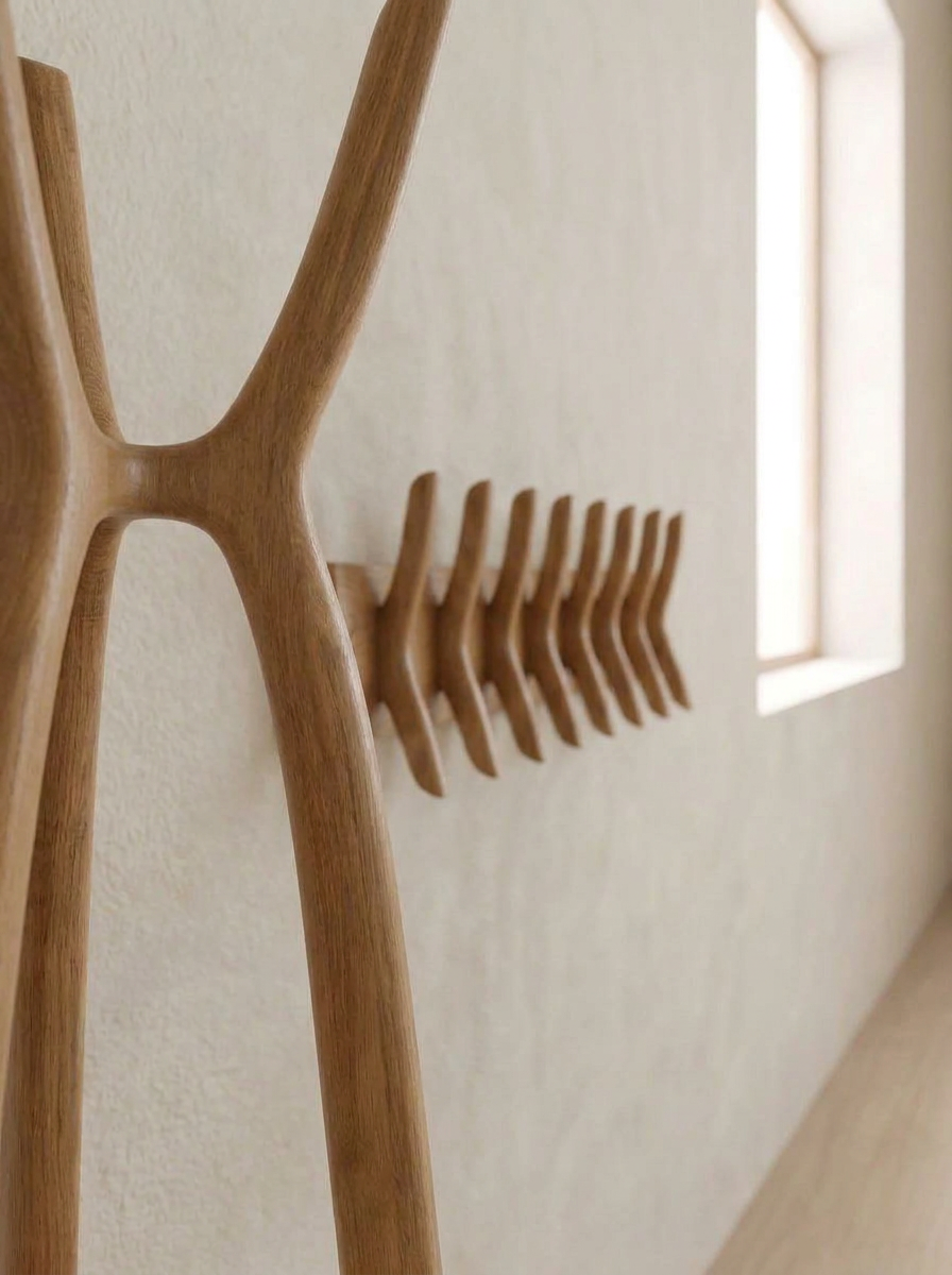 Close-up of a wooden coat rack with multiple hooks, mounted on a beige wall near a window with natural light.