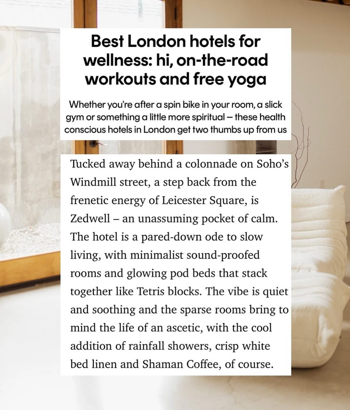 Wellness hotels ranked for Cosmo. My favourite London hotel isn&rsquo;t actually on this list because this round up is more fitness focussed so honorary shout out for @kimptonfitzroy and their Room to Dream experience. Well worth checking out 🤍 #wel