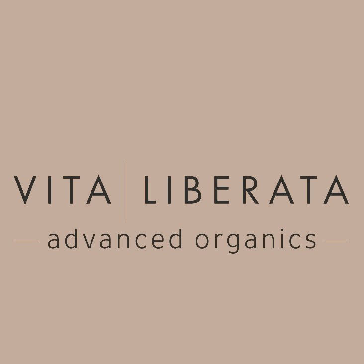 Logo for Vita Liberata with the tagline "advanced organics" in black text on a white background.