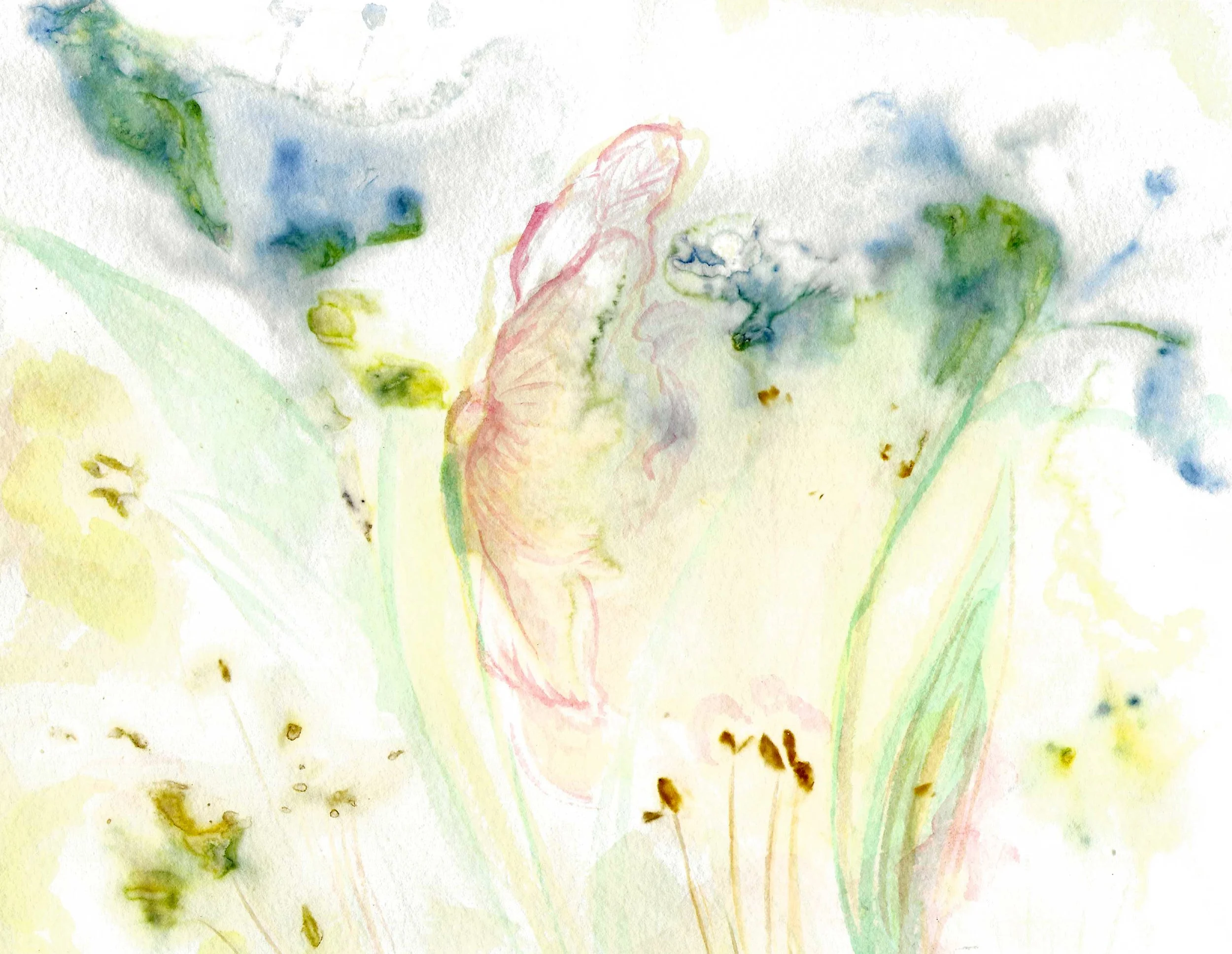 "Dreamy" (Mixed Media, Botanical print with natural inks, watercolor, acrylic paint, 8x6 inches unframed)