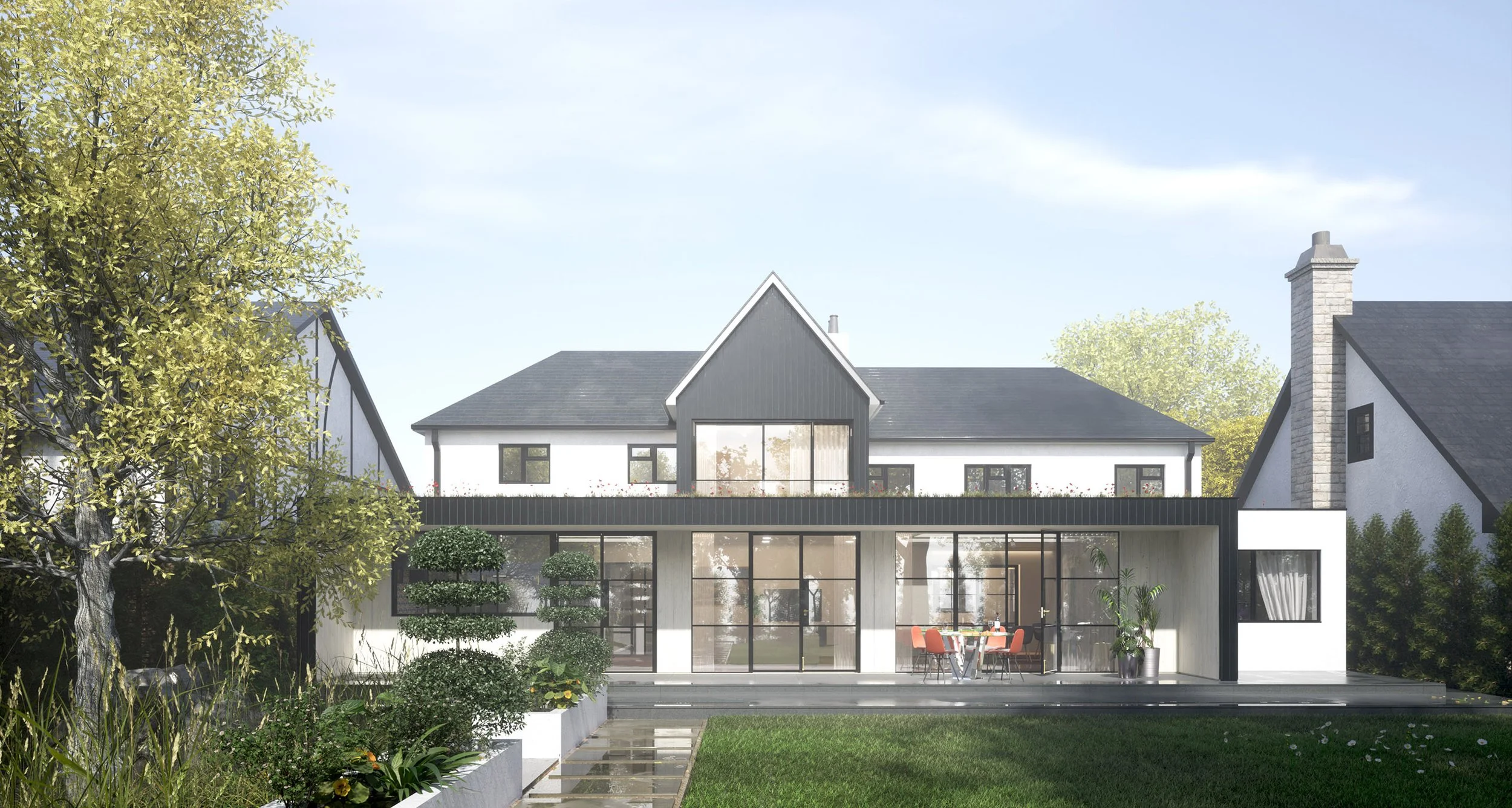 Bloc Architects — Modern two-story house with large windows and a landscaped garden, featuring patio seating and adjacent trees.