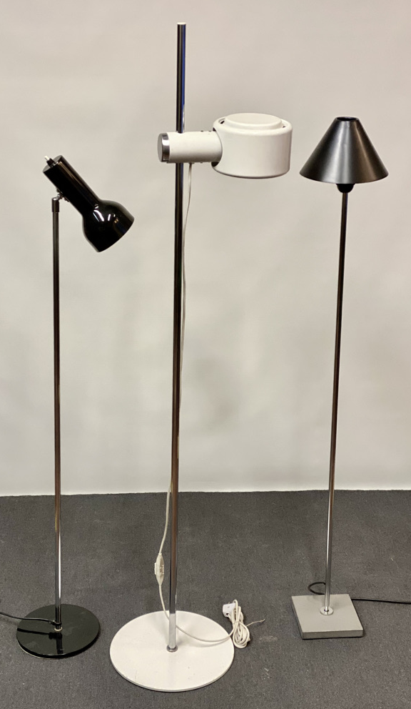 Floor lamps.  From right to left: Sweden, 1960s, 220,—EUR, Denmark, 1970s, 240,—EUR, Germany 1980s, 145,—EUR.
