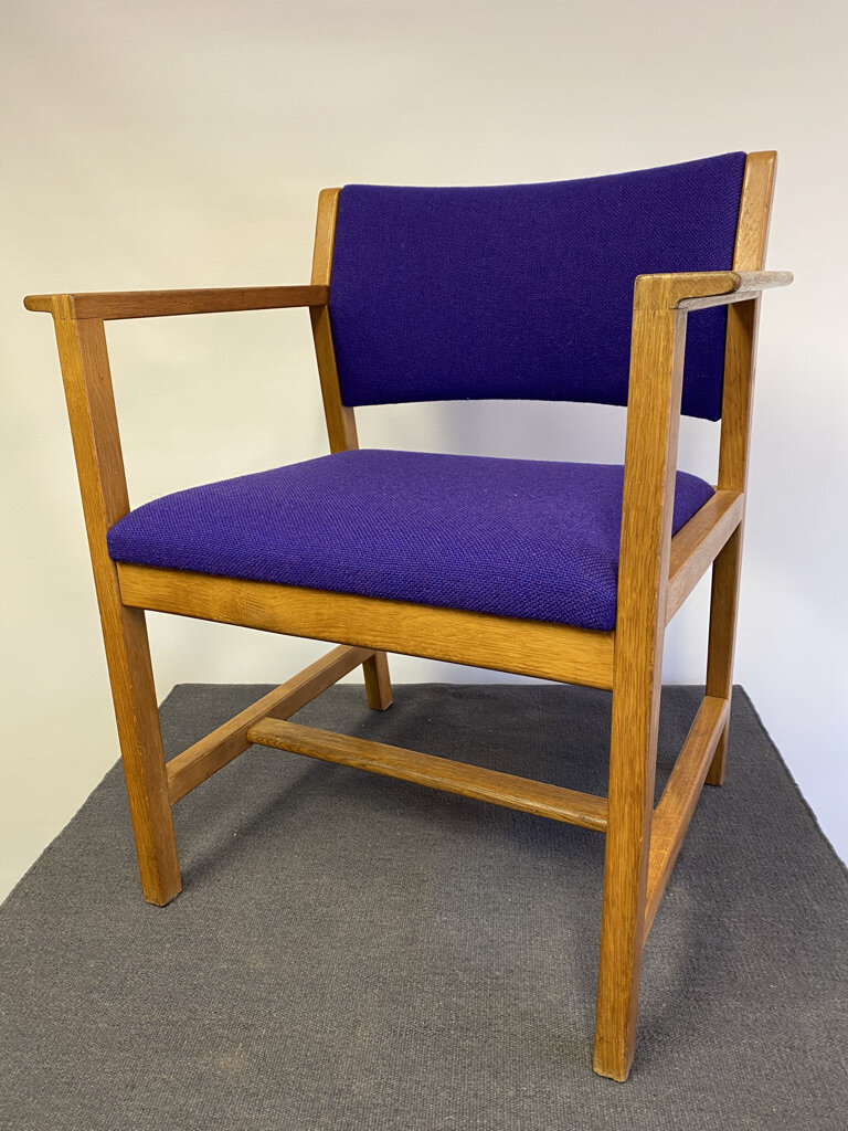 Danish chair, design from Borge Morgenssen, 1960s, restored and covered in a wool from Kvadrat, 390,—EUR, price including 19% VAT, a second unrestored chair is also available.
