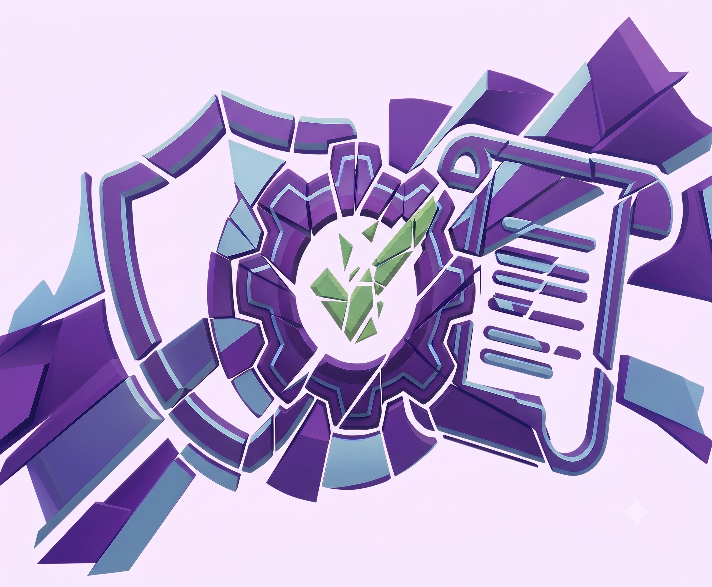 A digital abstract artwork featuring a spiral pattern with purple, blue, and green geometric shapes, creating a tunnel-like effect.