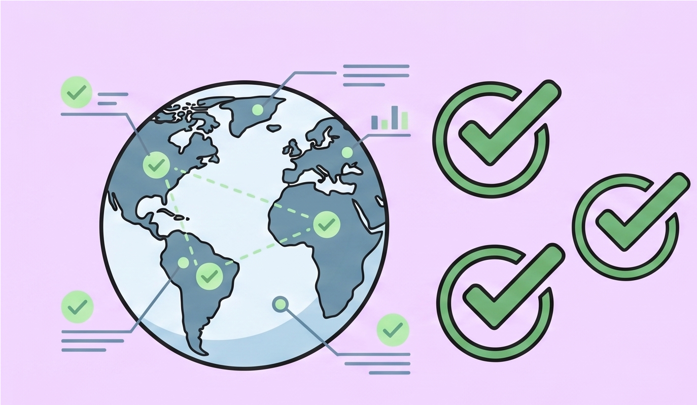Illustration of the Earth with green checkmarks and data overlays, signifying global verification or approval, set against a light purple background.
