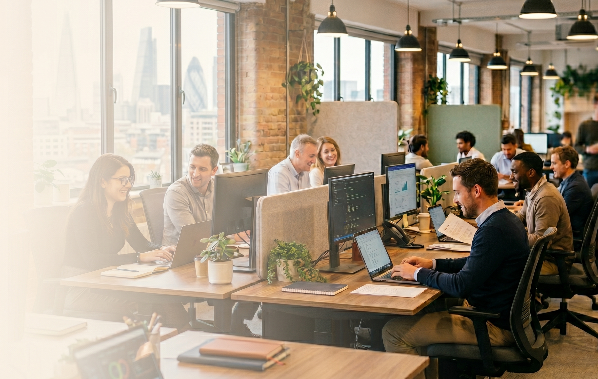 A group of diverse professionals working in a modern, open-plan office with large windows, brick walls, and hanging pendant lights. They are seated at a long wooden table, engaged with laptops and discussing.