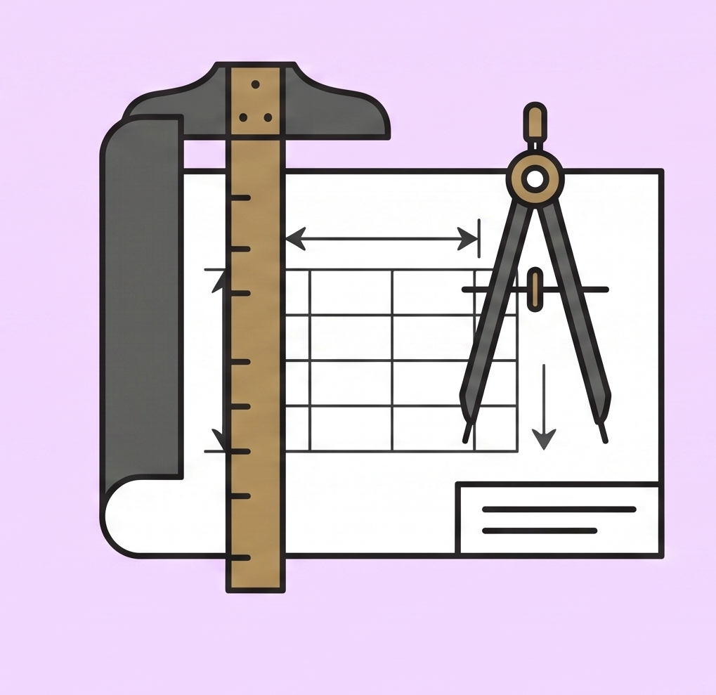 Drawing of a carpenter's measuring tools including a ruler, a compass, and a grid for precise measurements.