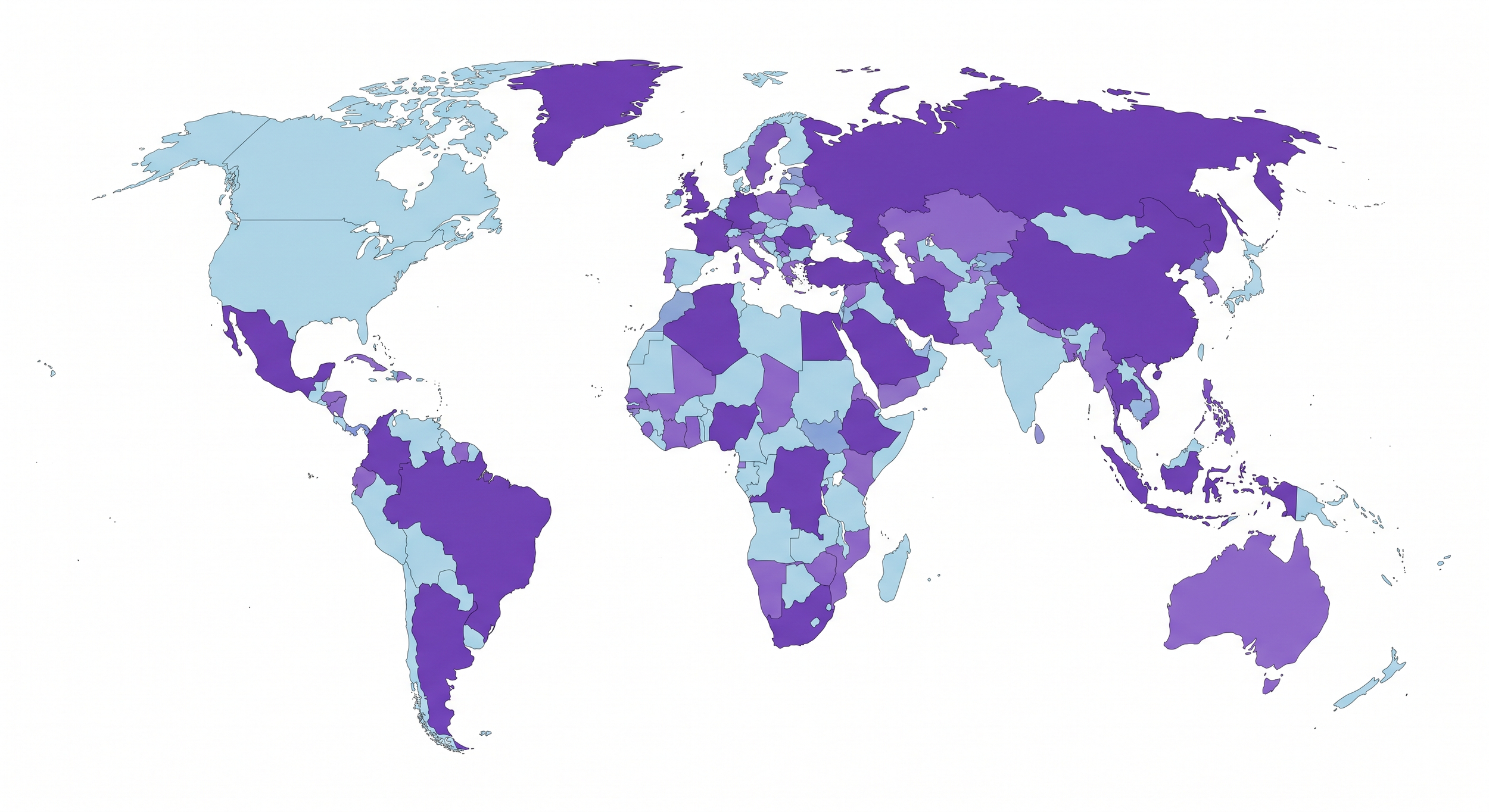 A world map with countries shaded in shades of blue and purple.