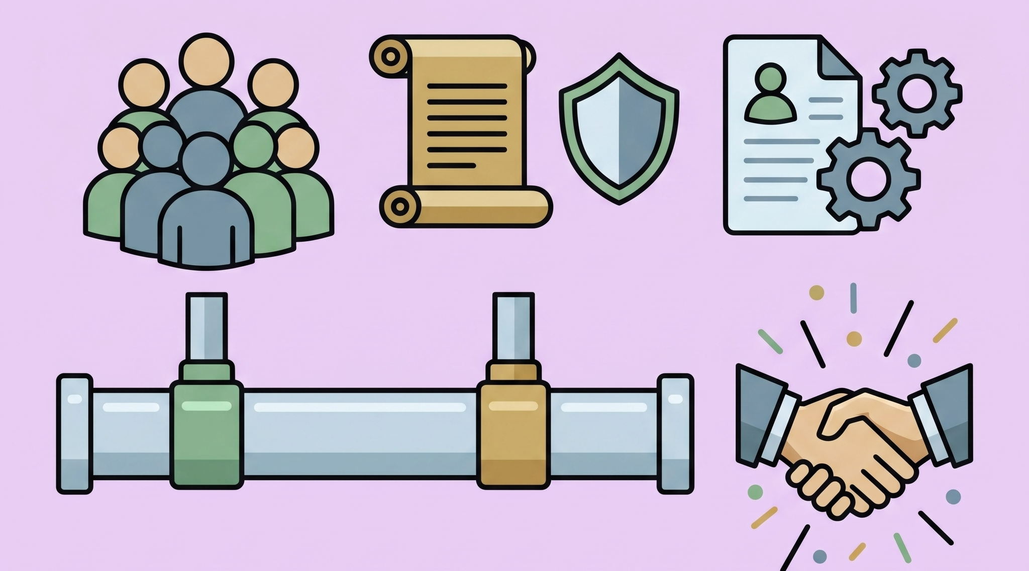 Illustration of people in a group, a scroll, a shield, a document, gears, a handshake, a pipeline, and confetti.