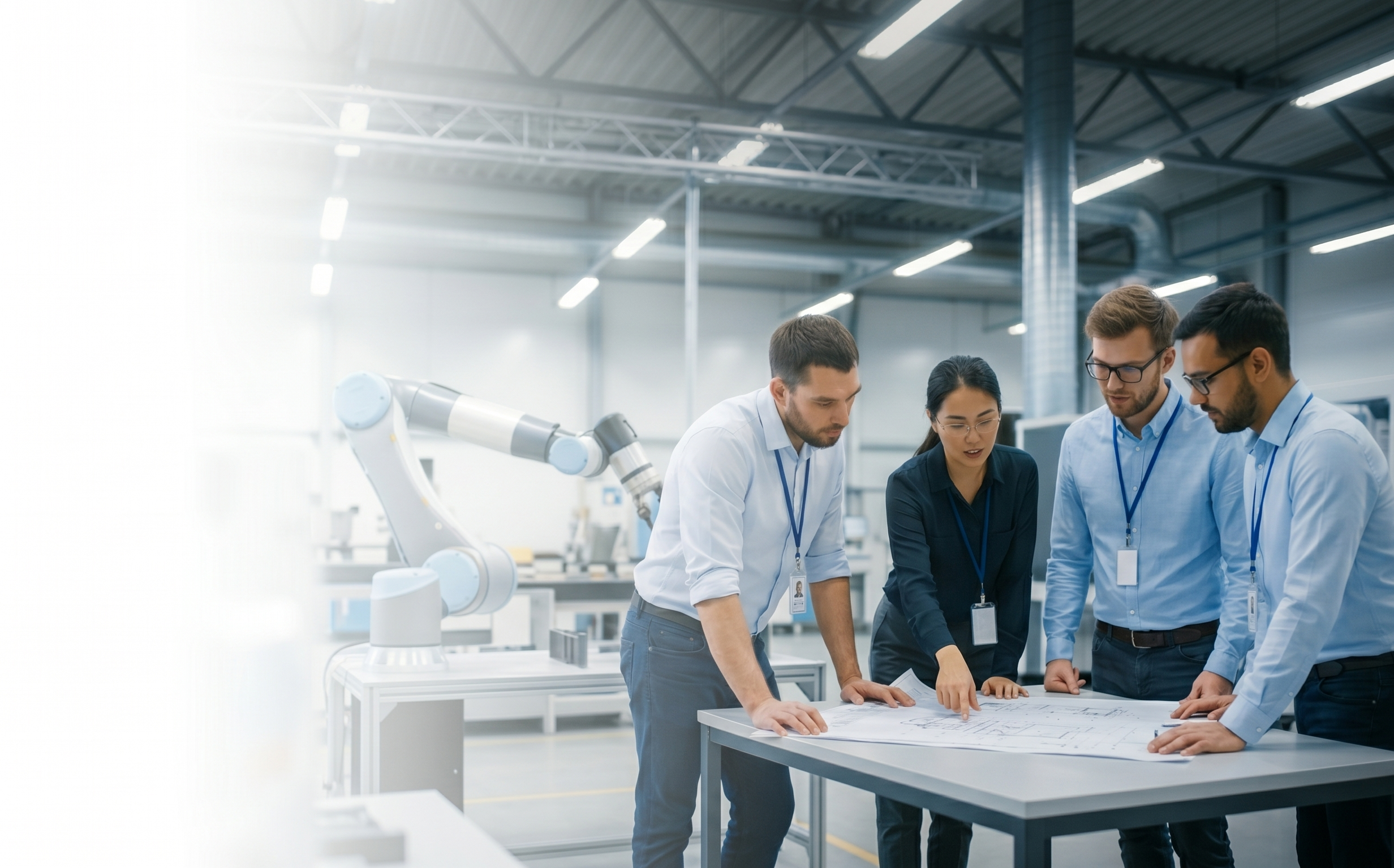 Four diverse professionals, two men and two women, gathered around a table in a modern industrial laboratory, examining documents and discussing. Background features robotic arms and high industrial ceilings.