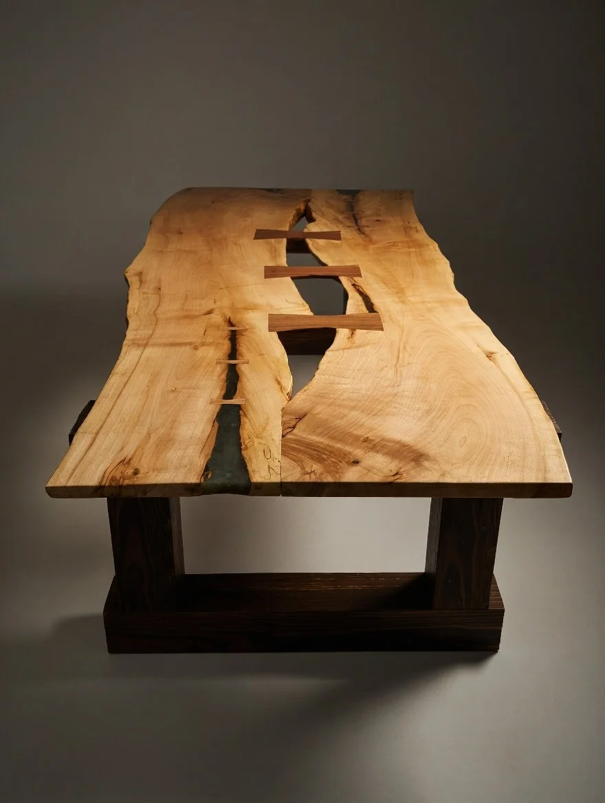 Sycamore bookmatched table with walnut bowties and a charred chunky spruce base