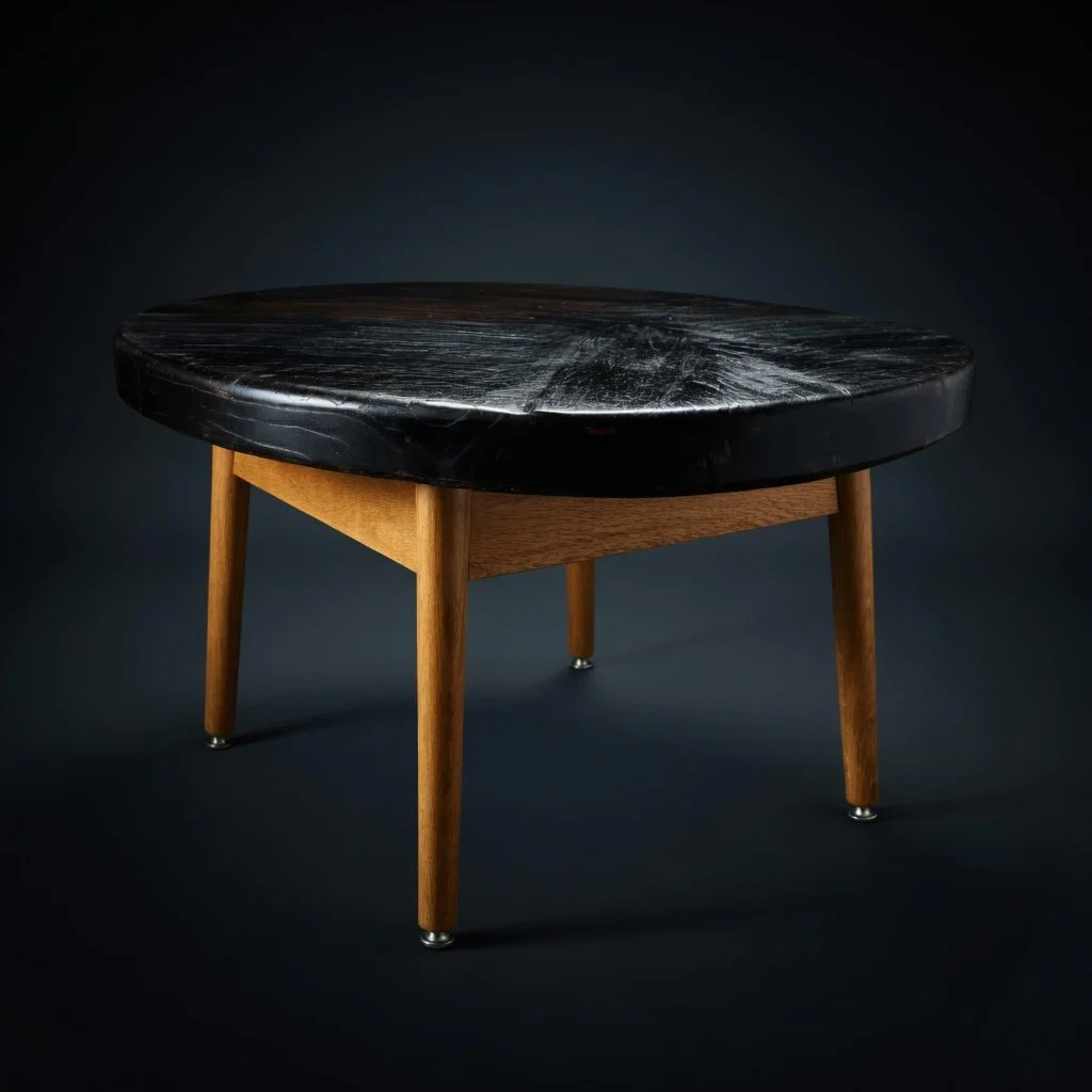 A black and wooden table with a polished black top and four wooden legs, set against a dark background.