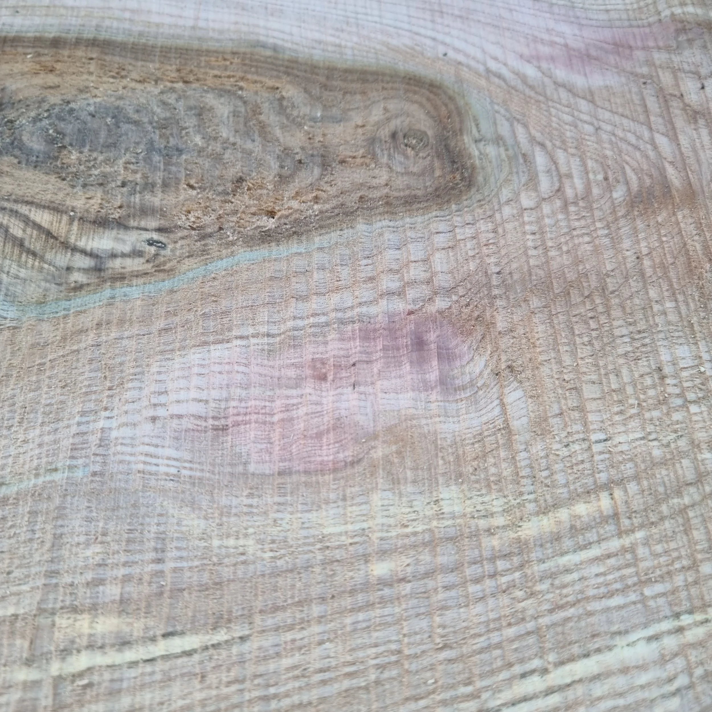 Close-up of a wooden surface with visible grain and knots, featuring a faint pinkish section.