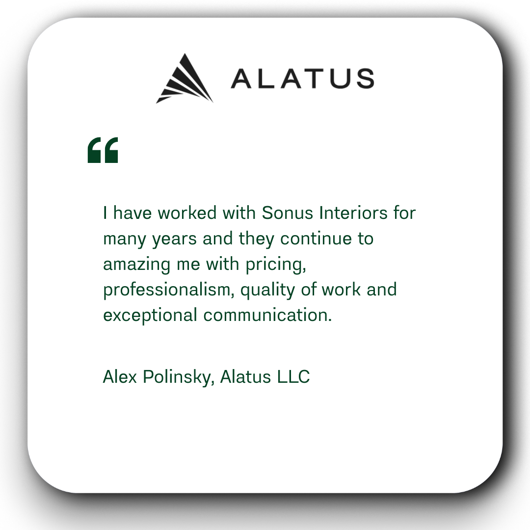 A testimonial quote on a white card with rounded edges, featuring the Alatus logo, and green text praising Sonus Interiors for their professionalism and quality of work.