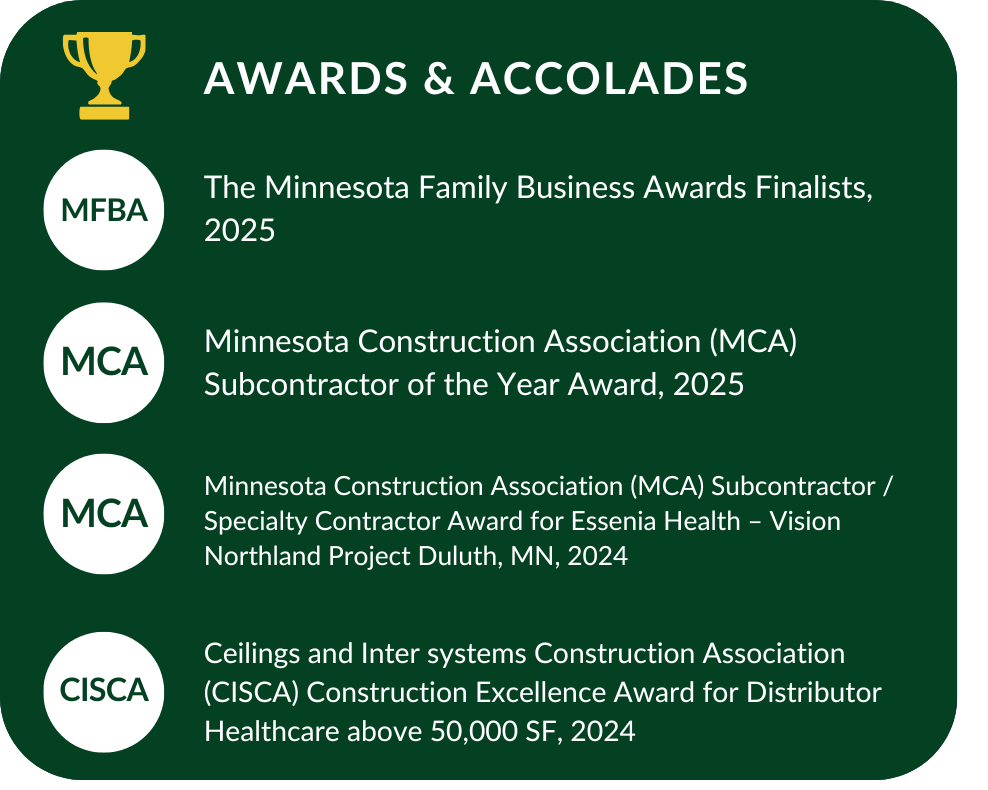 Minnesota Family Business Awards Finalists 2025, Minnesota Construction Association Subcontractor of the Year 2025, MCA Subcontractor / Specialty Contractor Award for Esenia Health 2024, and CISCA Construction Excellence Award for Healthcare above 50,000 SF 2024, with a gold trophy icon at top left.
