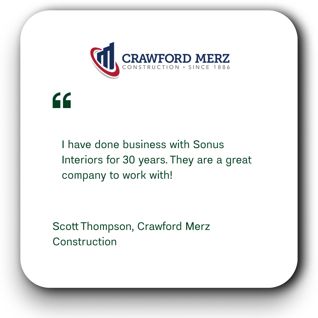 Testimonial for Crawford Merz Construction with their logo and a quote from Scott Thompson praising their work with Sonus Interiors.