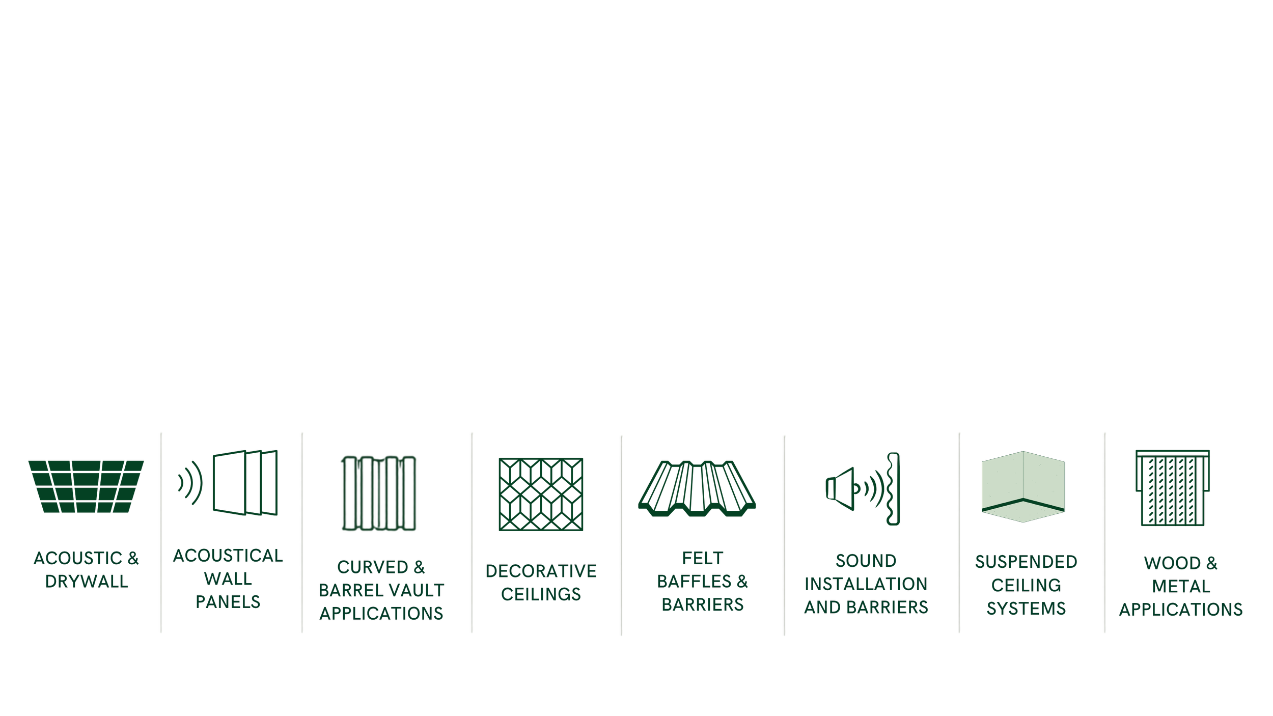Infographic presenting various soundproofing and acoustic treatment products, including acoustic and drywall panels, wall panels, barrel vault applications, ceiling treatments, felt barriers, sound installation systems, suspended ceilings, and wood and metal applications.