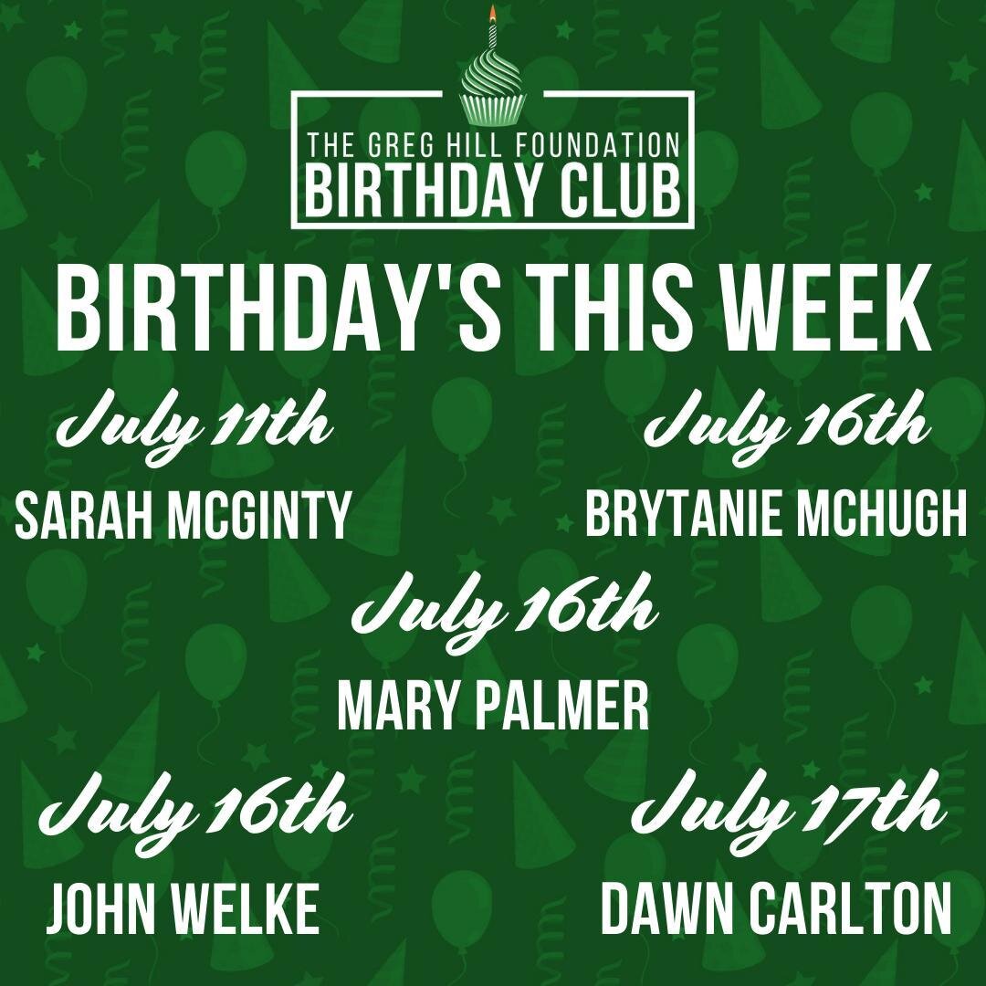 The Greg Hill Foundation wants to celebrate five exciting birthdays this week. Sarah Mcginty, John Welke, Mary Palmer, Brytanie McHugh and Dawn Carlton. Thank you for using your birthdays to help those in need. Keep up with the great work and make su