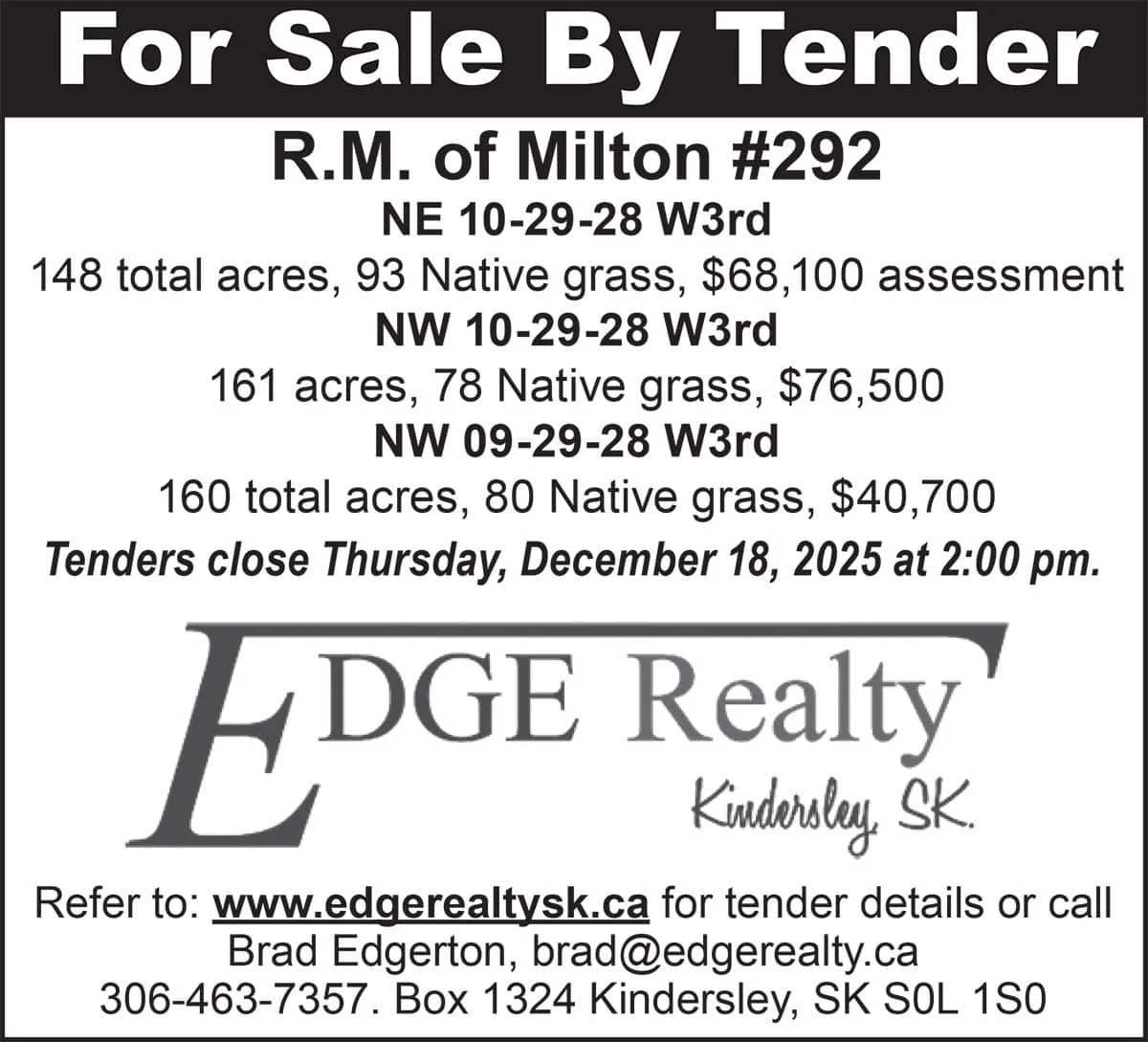For Sale By Tender R.M. of Milton #292
