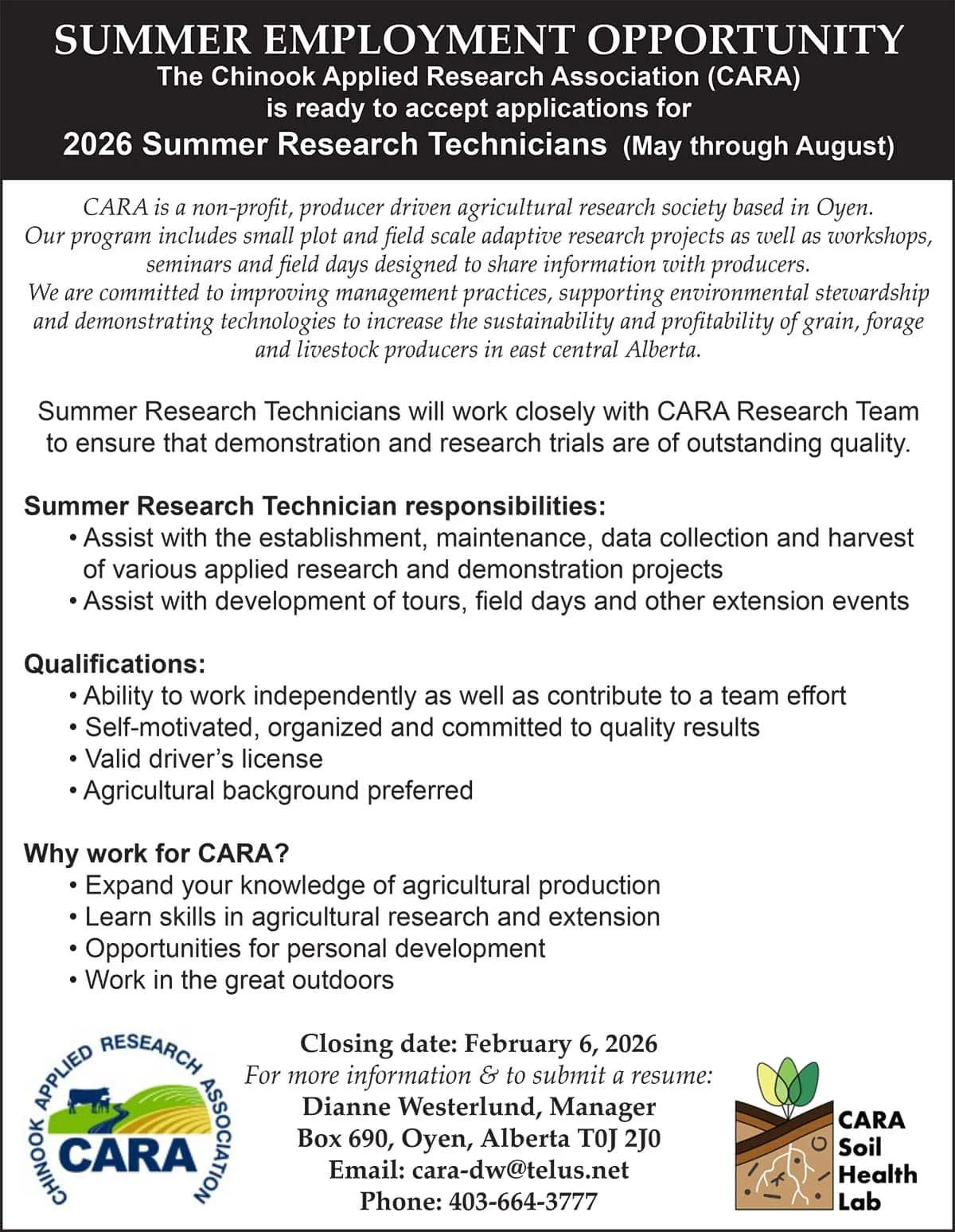 SUMMER EMPLOYMENT OPPORTUNITY Chinook Applied Research Association