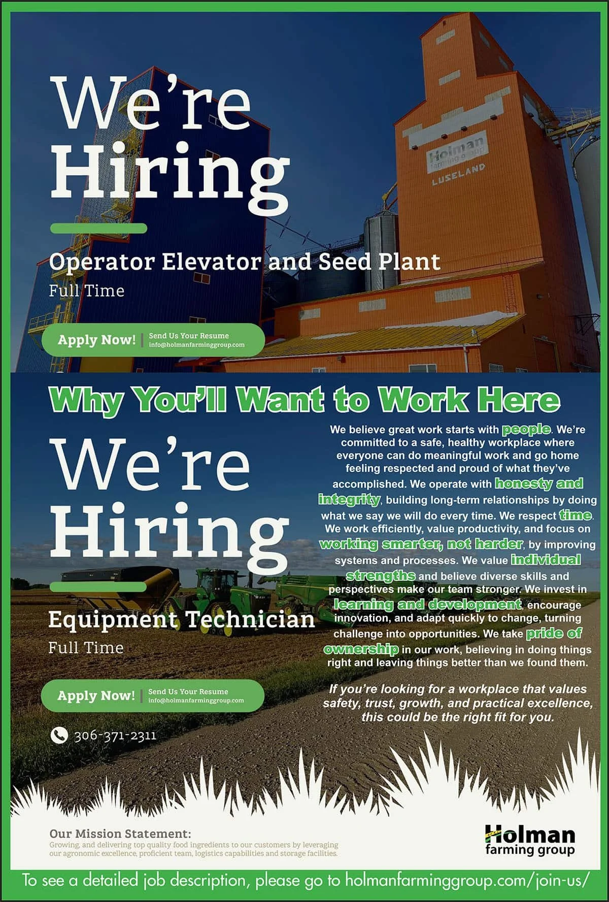 Holman Farming Group. We're Hiring. Operator and Equipment Technician