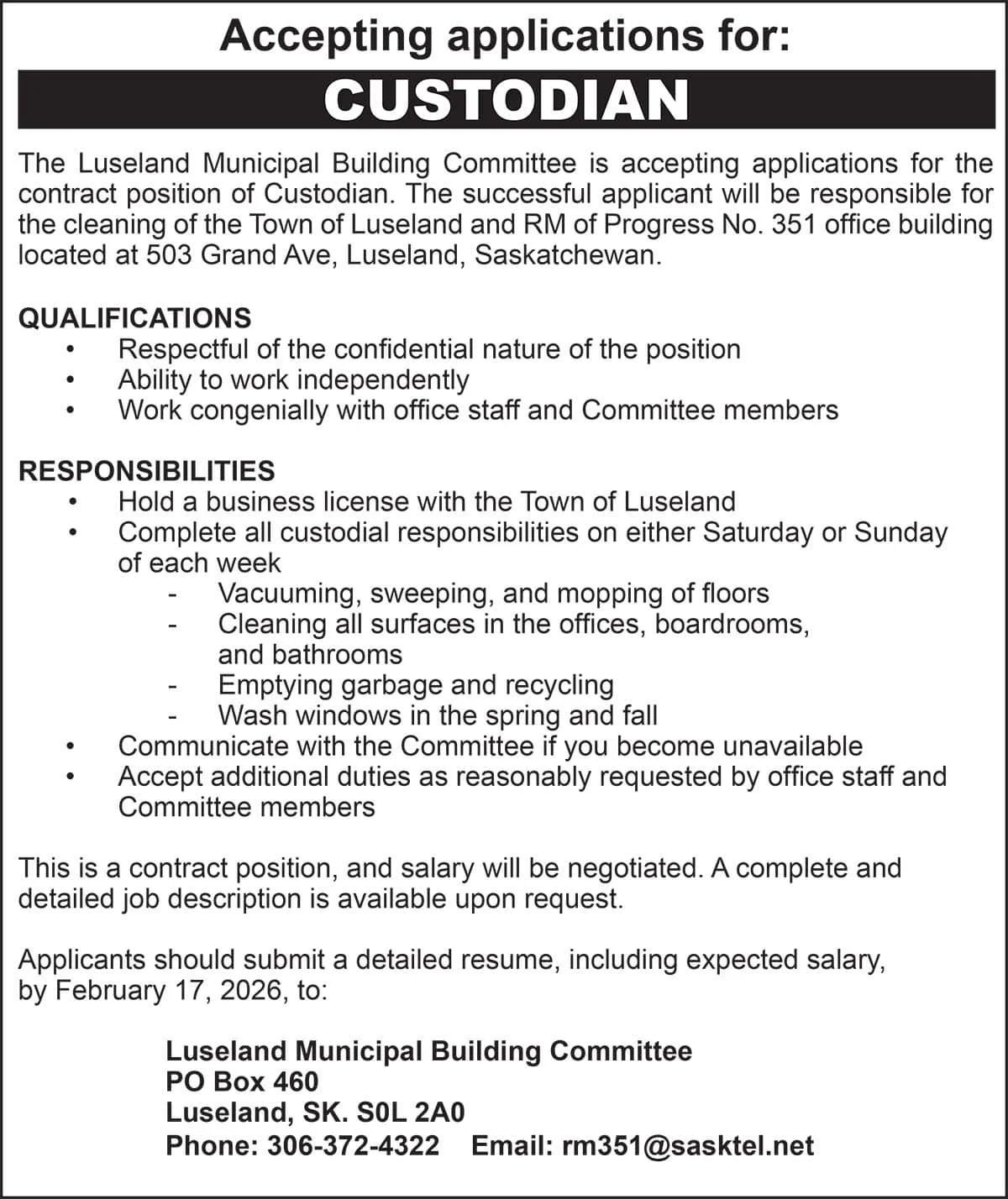 Luseland Municipal Building Committee Custodian
