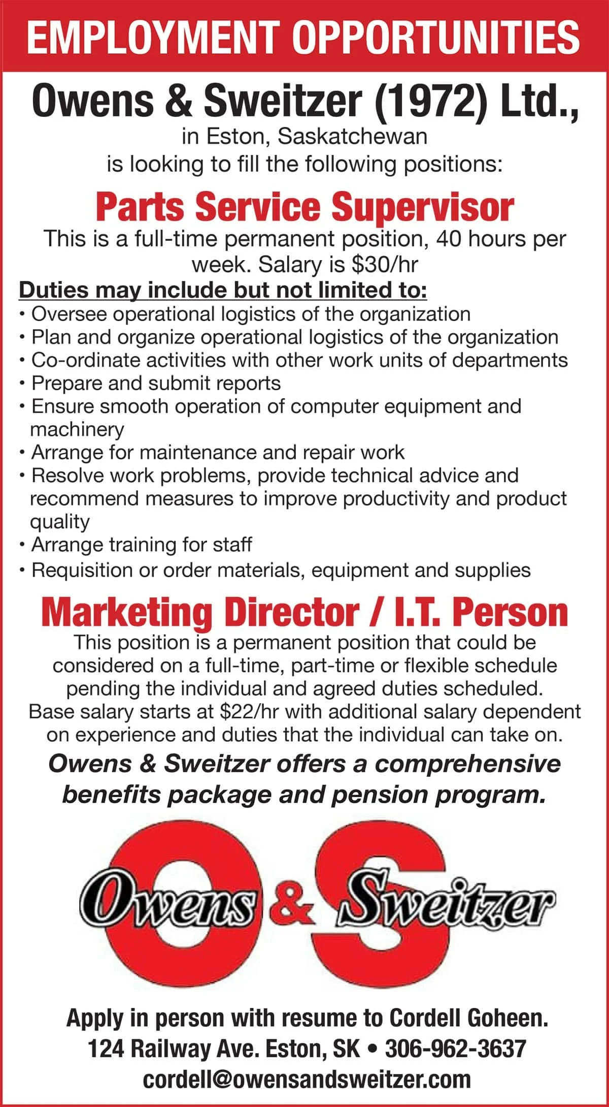 EMPLOYMENT OPPORTUNITIES Owens &amp; Sweitzer (1972) Ltd.